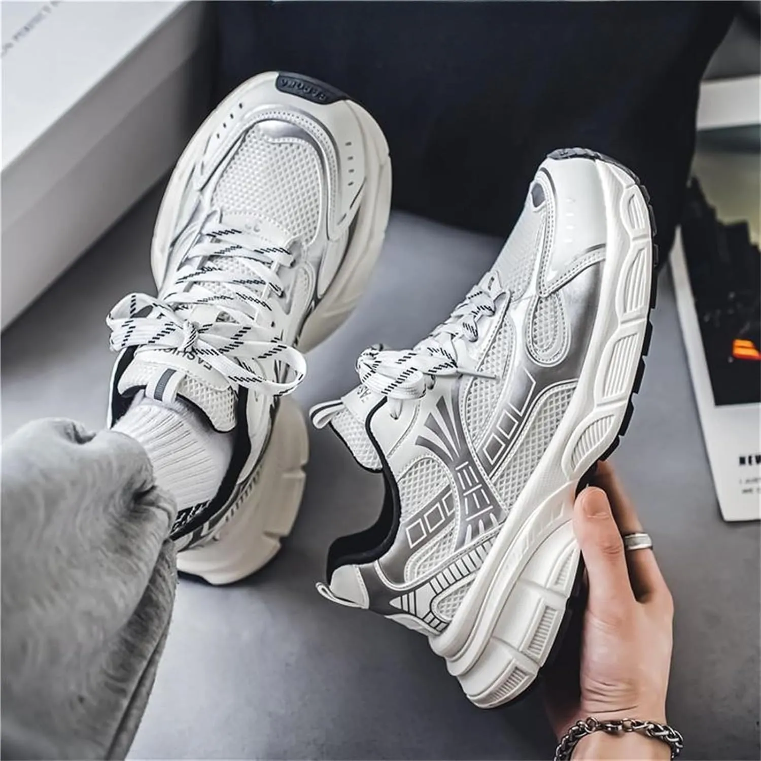 Men's Fashion Breathable Chunky Platform Lace-Up Sneakers Comfortable Non Slip Workout Sport Dad Shoes for Tennis Walking Driving