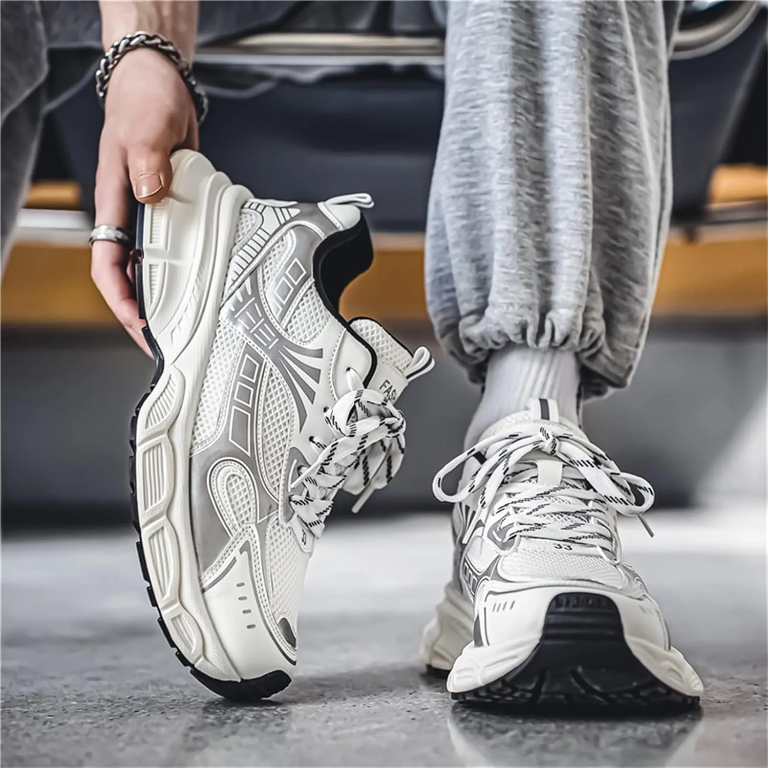 Men's Fashion Breathable Chunky Platform Lace-Up Sneakers Comfortable Non Slip Workout Sport Dad Shoes for Tennis Walking Driving