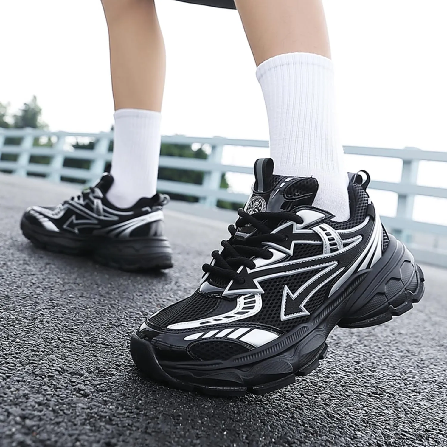 Men's Fashion Breathable Mesh Lace Up Chunky Sneakers Casual Trendy Round Toe Non Slip Platform Outdoor Running Training Walking Dad Shoes