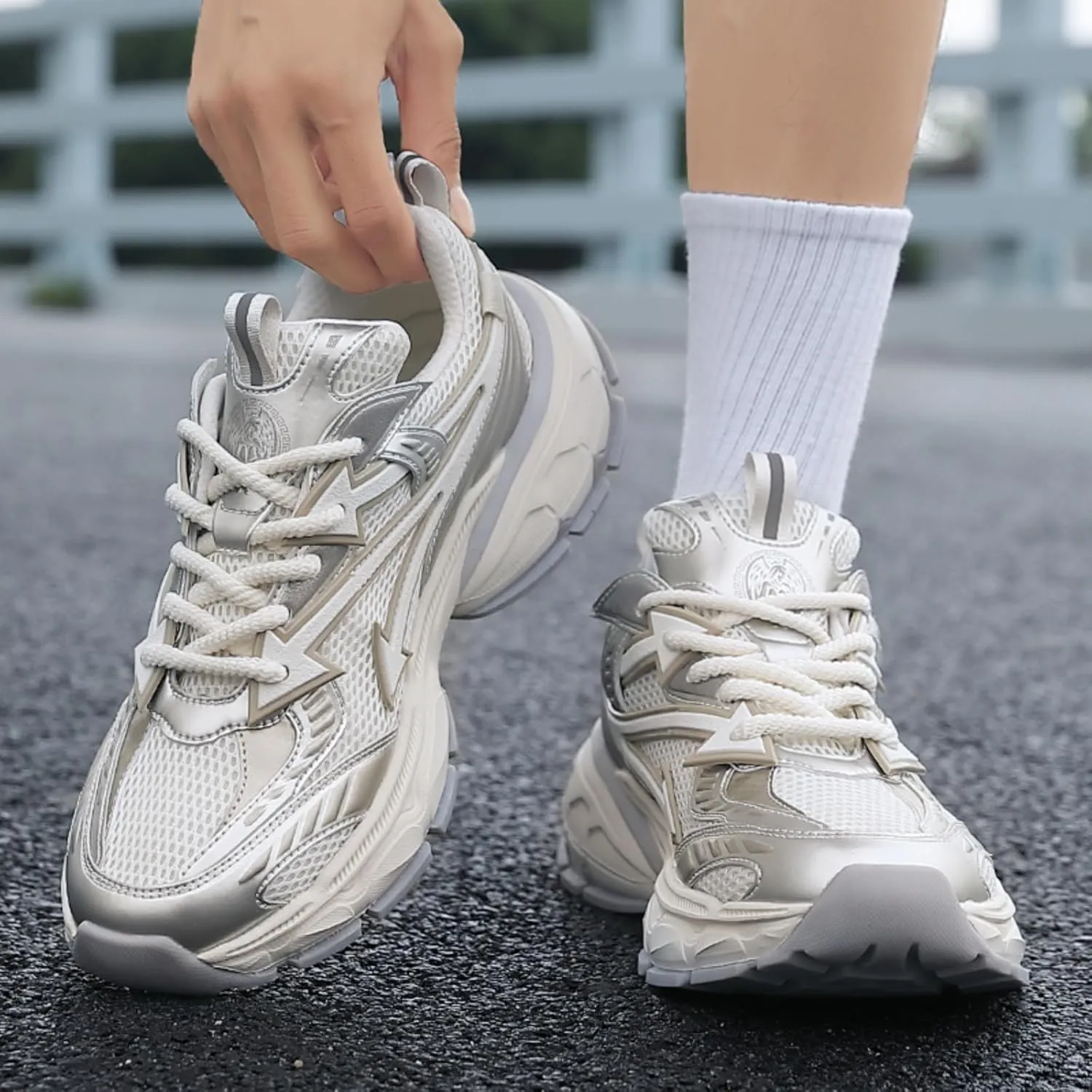 Men's Fashion Breathable Mesh Lace Up Chunky Sneakers Casual Trendy Round Toe Non Slip Platform Outdoor Running Training Walking Dad Shoes