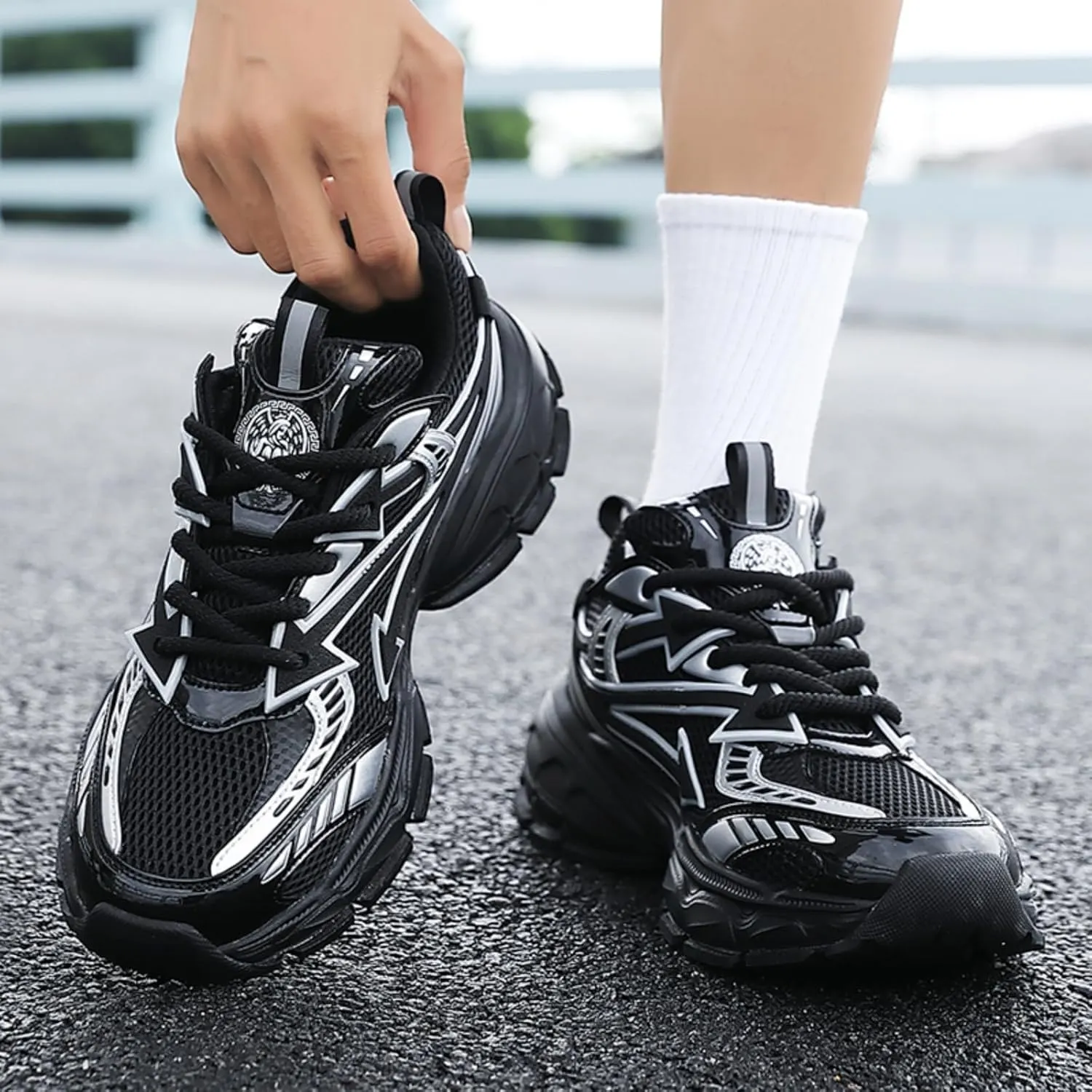 Men's Fashion Breathable Mesh Lace Up Chunky Sneakers Casual Trendy Round Toe Non Slip Platform Outdoor Running Training Walking Dad Shoes