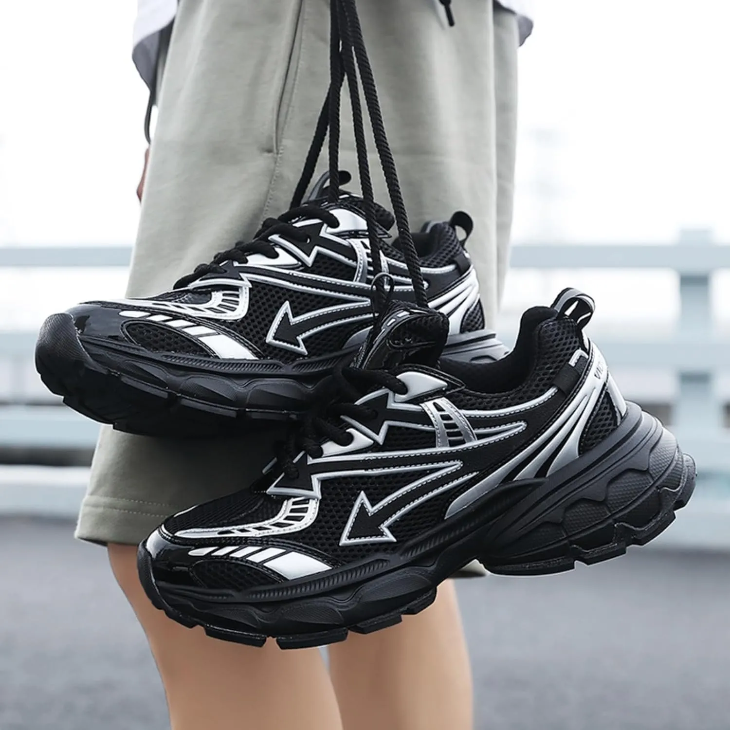 Men's Fashion Breathable Mesh Lace Up Chunky Sneakers Casual Trendy Round Toe Non Slip Platform Outdoor Running Training Walking Dad Shoes