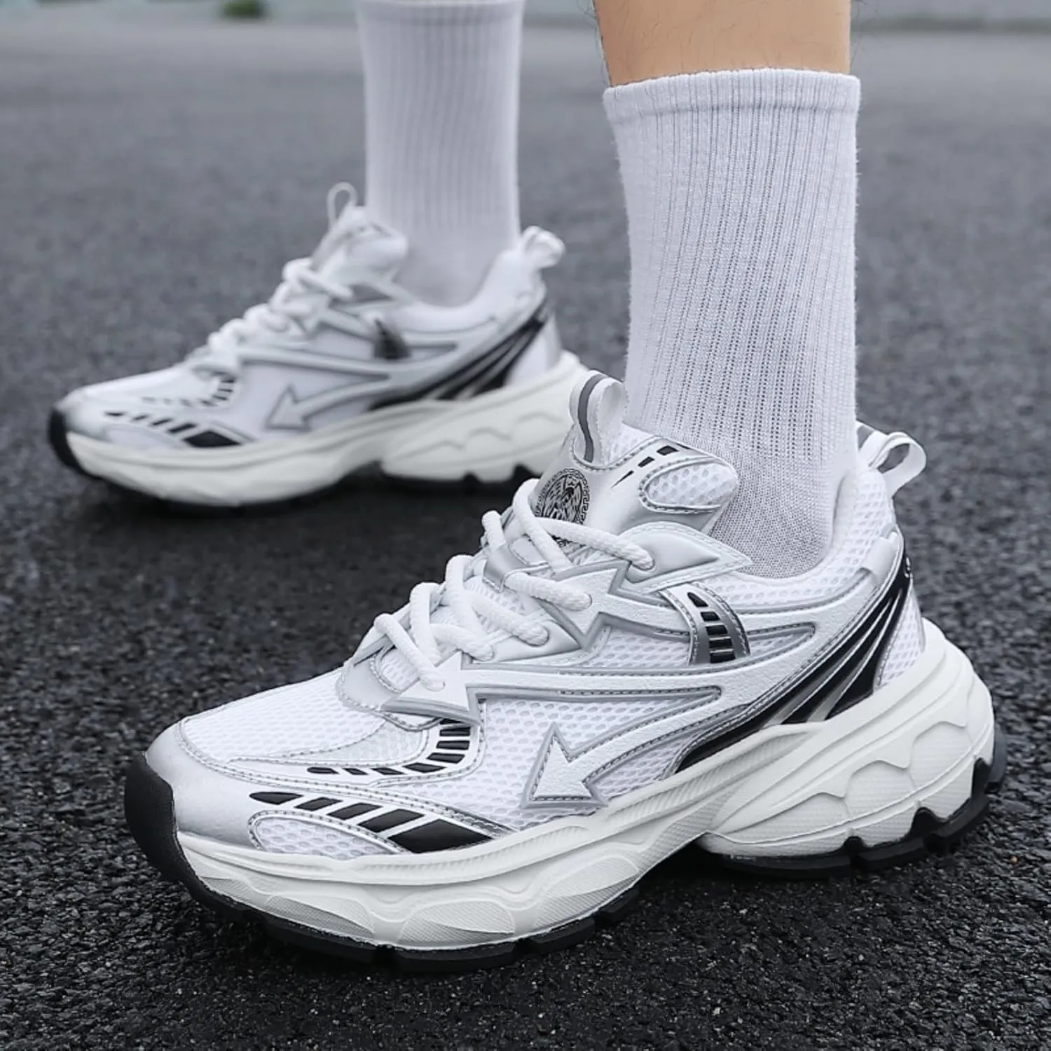 Men's Fashion Breathable Mesh Lace Up Chunky Sneakers Casual Trendy Round Toe Non Slip Platform Outdoor Running Training Walking Dad Shoes