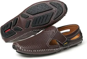 Men's Leather Hollow Loafers Summer Breathable Casual Sandals Elegant Driving Shoes Lightweight Non-Slip Water Shoes for Men Anti-Collision Daily Athletic Seaside Water Walking Driving Shoes