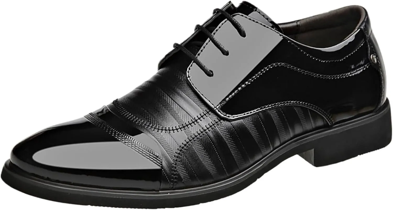 Men's Oxfords Dress Shoes Classic Business Leather Shoes， New Lace-up Breathable Patent Leather Shoes Man Office Wedding Flats