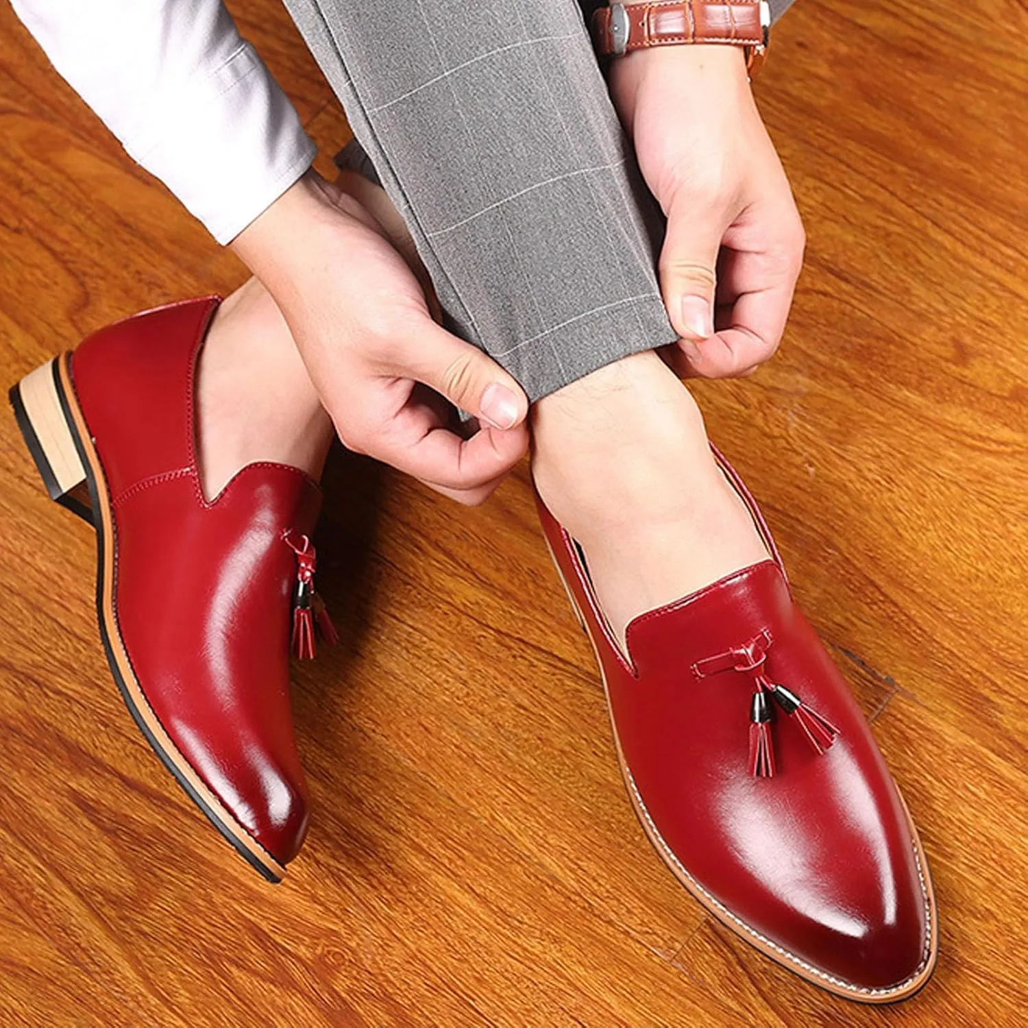 Men's Tassel Oxford Loafers,Slip On Italian Handmade Casual Business Patent Leather Shoes,Non-Slip Wedding Party Leather Shoes