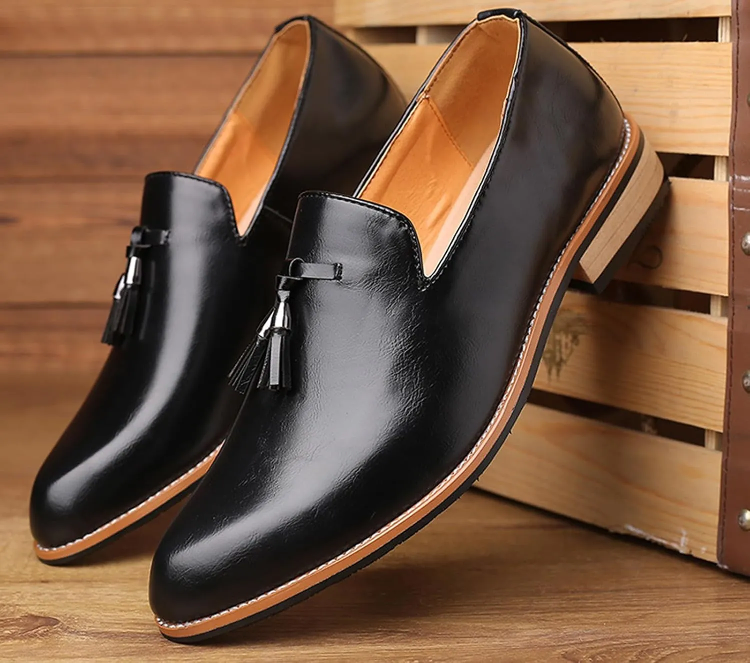 Men's Tassel Oxford Loafers,Slip On Italian Handmade Casual Business Patent Leather Shoes,Non-Slip Wedding Party Leather Shoes