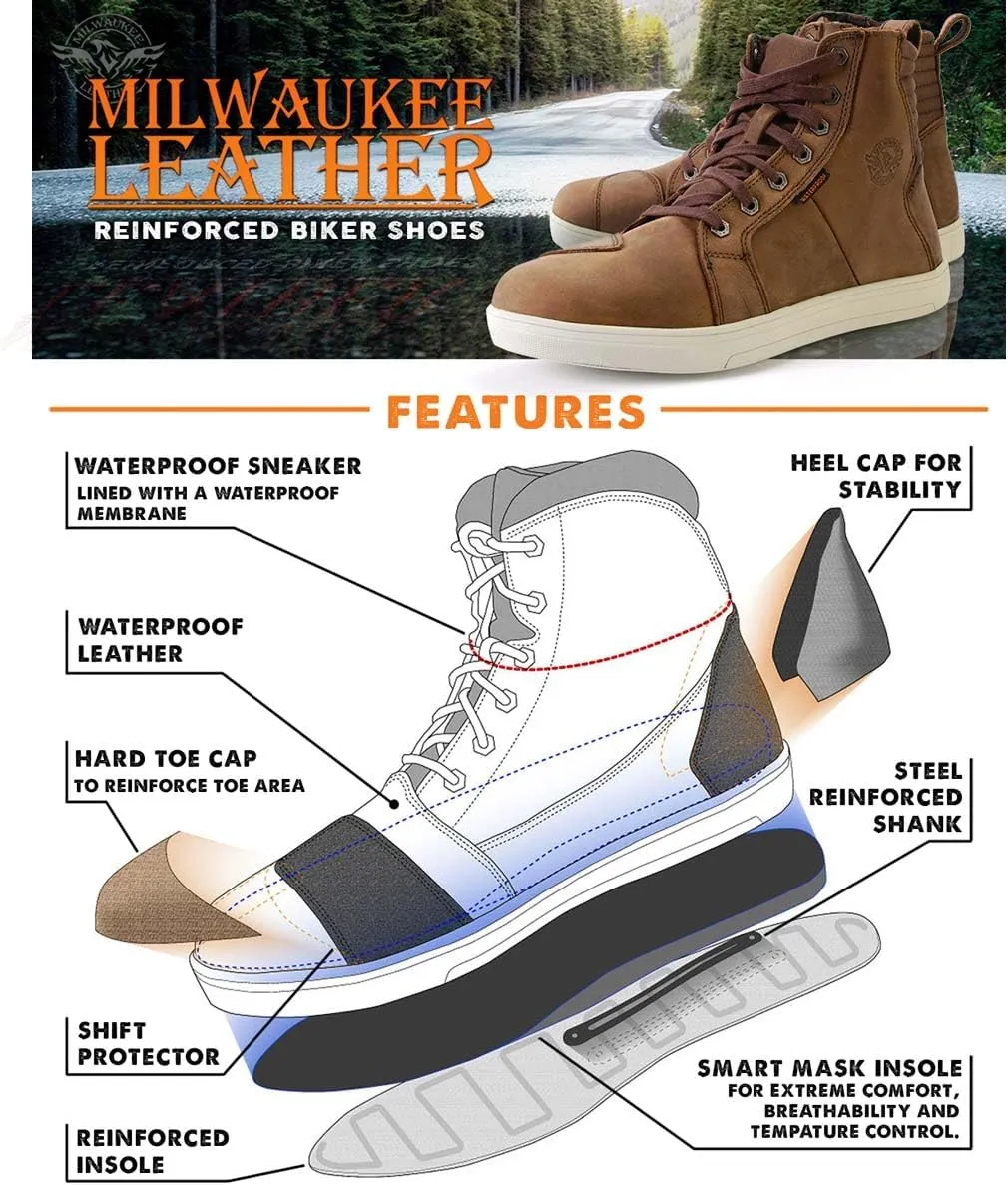 Milwaukee Leather MBM9113 Men's Brown Waterproof Leather Motorcycle Reinforced Riding Shoes w/Ankle Support - 8.5