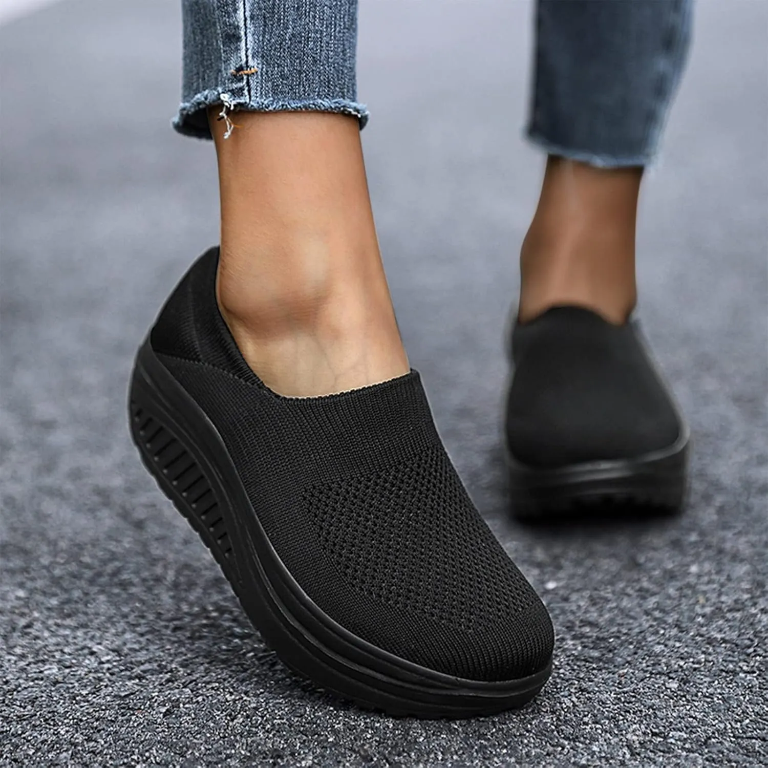 Platform Sneakers for Women Wide Toe All Black Tennis Shoes for Women Slip On Womens Fall Shoes 2023 Casual Wedge Sneakers for Women Dressy Sneakers Non Slip Work Shoes for Women