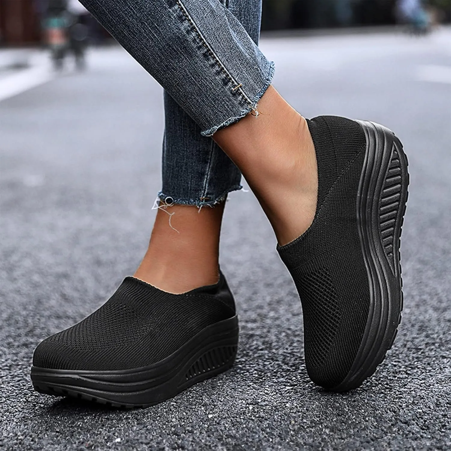 Platform Sneakers for Women Wide Toe All Black Tennis Shoes for Women Slip On Womens Fall Shoes 2023 Casual Wedge Sneakers for Women Dressy Sneakers Non Slip Work Shoes for Women