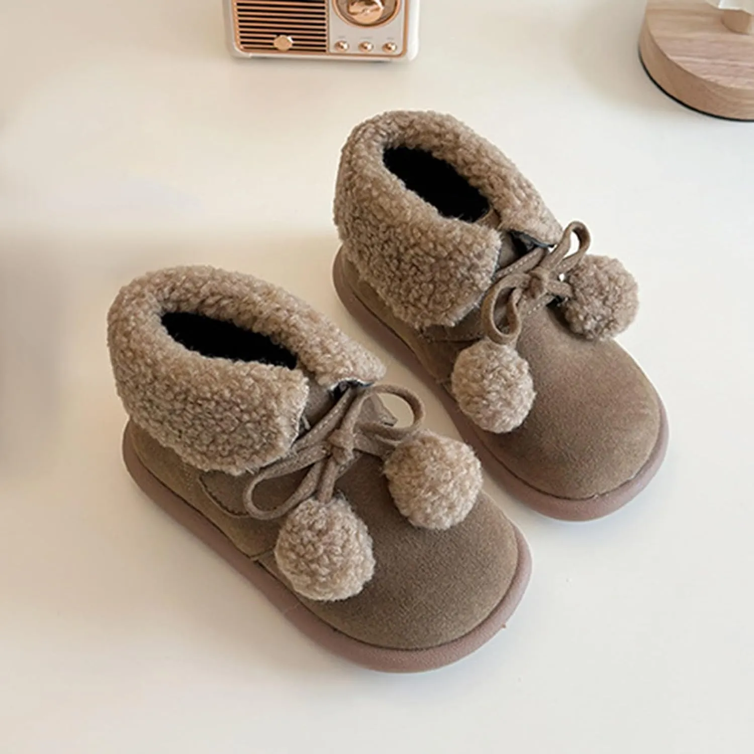 Pom-Pom alls Fleece Ankle Boots for Kids Girls Toddler Winter Thick Flat Soft Plush Big Girls Mid Calf Boots