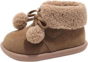 Pom-Pom alls Fleece Ankle Boots for Kids Girls Toddler Winter Thick Flat Soft Plush Big Girls Mid Calf Boots