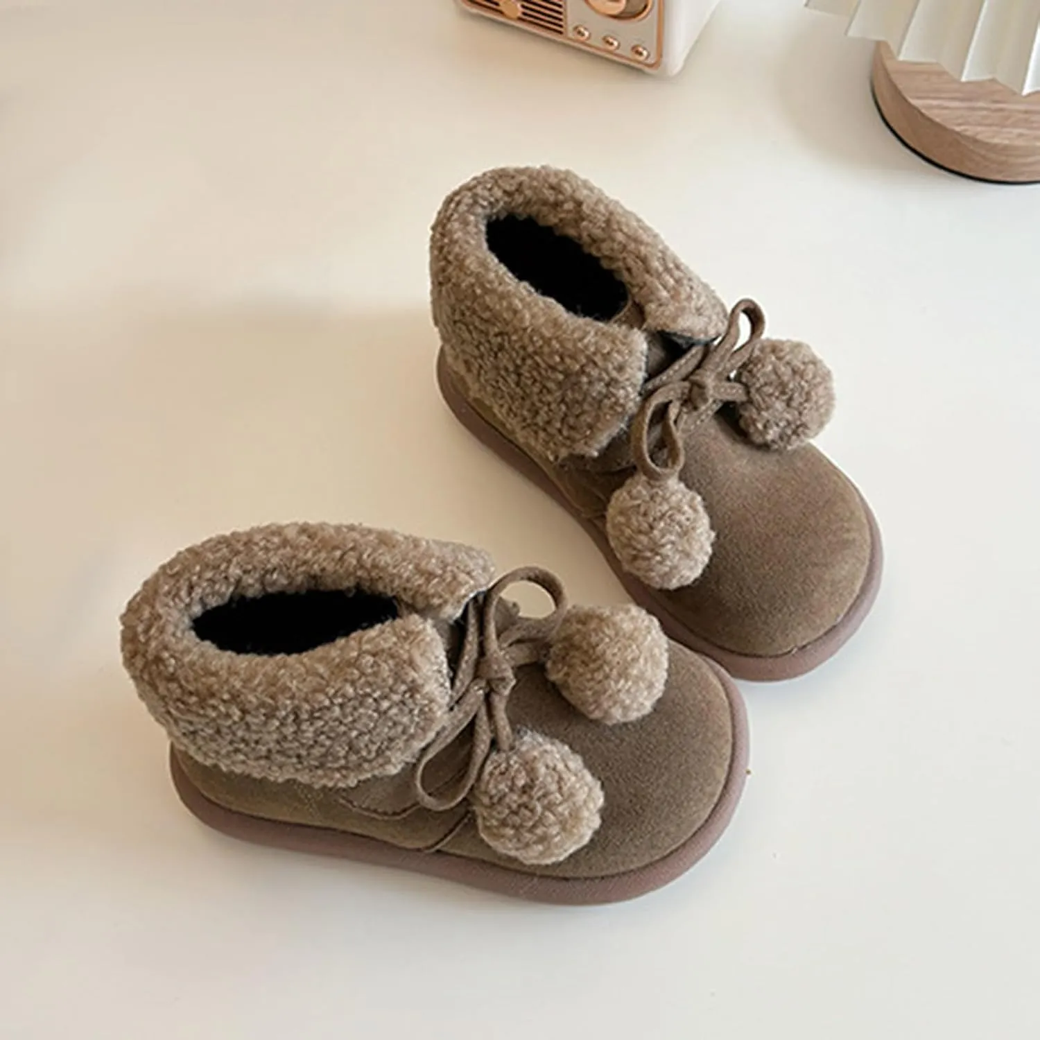Pom-Pom alls Fleece Ankle Boots for Kids Girls Toddler Winter Thick Flat Soft Plush Big Girls Mid Calf Boots