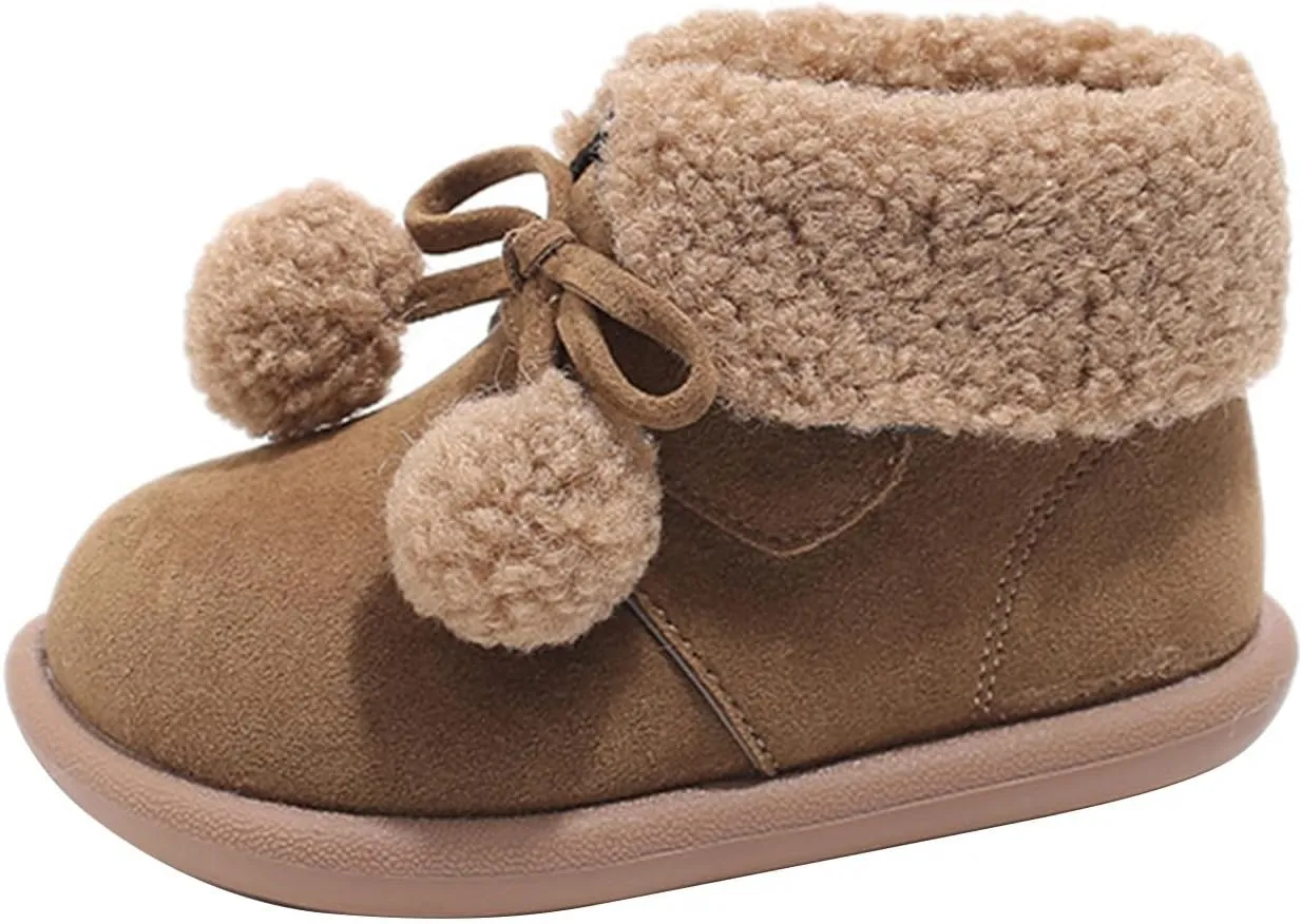 Pom-Pom alls Fleece Ankle Boots for Kids Girls Toddler Winter Thick Flat Soft Plush Big Girls Mid Calf Boots
