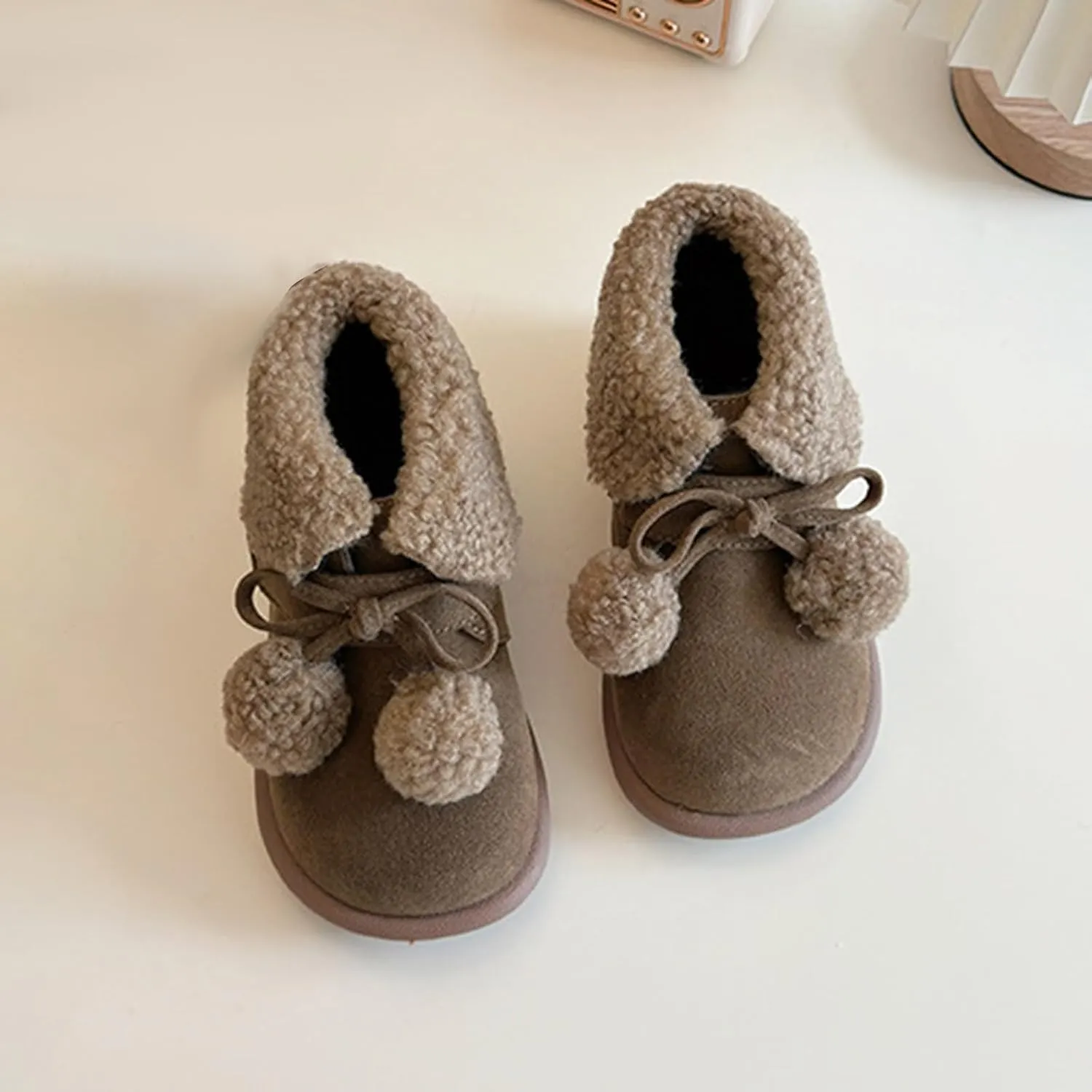 Pom-Pom alls Fleece Ankle Boots for Kids Girls Toddler Winter Thick Flat Soft Plush Big Girls Mid Calf Boots