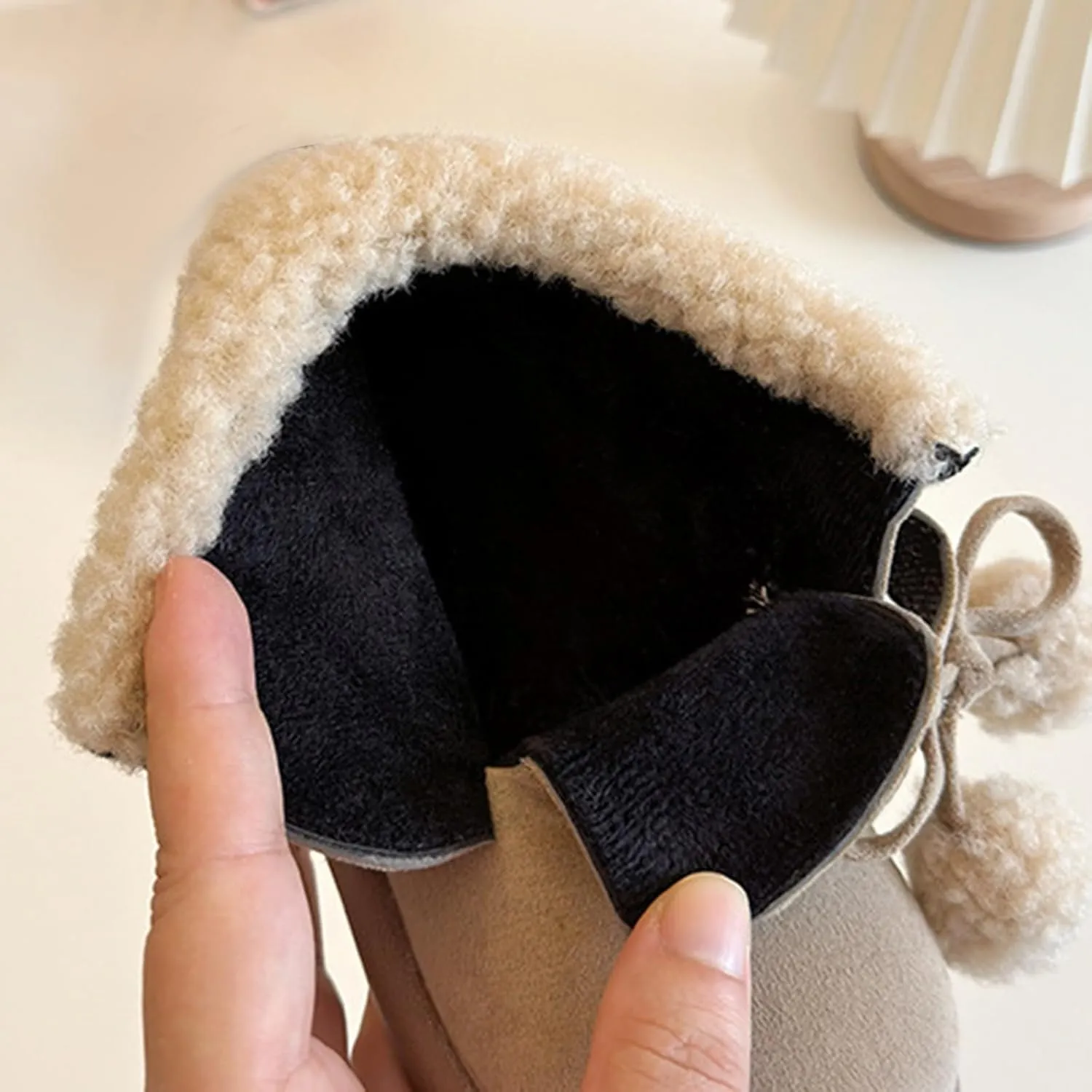 Pom-Pom alls Fleece Ankle Boots for Kids Girls Toddler Winter Thick Flat Soft Plush Big Girls Mid Calf Boots