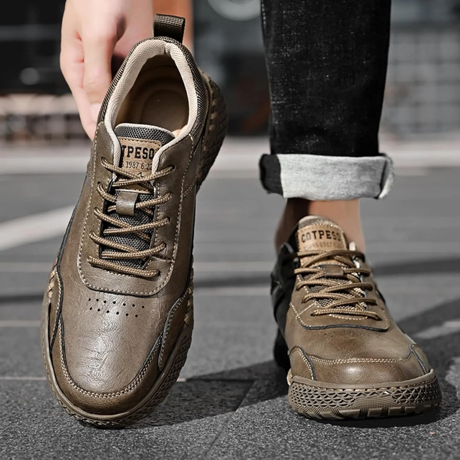 PURCHAWEE Men Leather Casual Walking Driving Shoes Handmade Stitching Breathable Lightweight Slip On Loafers Ankle Chukka Boots Fashion Sneakers