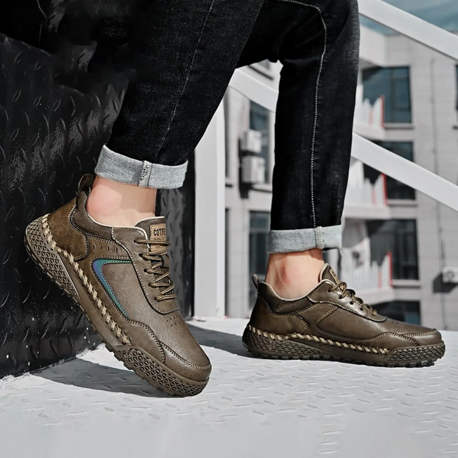 PURCHAWEE Men Leather Casual Walking Driving Shoes Handmade Stitching Breathable Lightweight Slip On Loafers Ankle Chukka Boots Fashion Sneakers