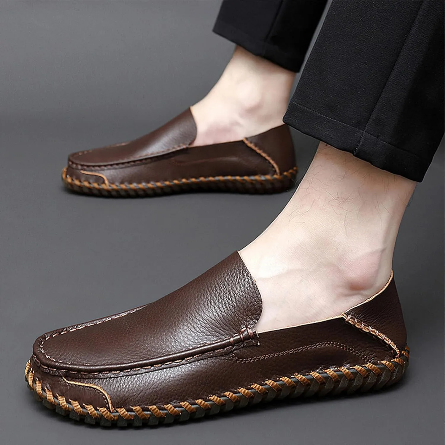 rismart Men Loafers Flats Driving Shoes Leather Casual Slip on Slipper