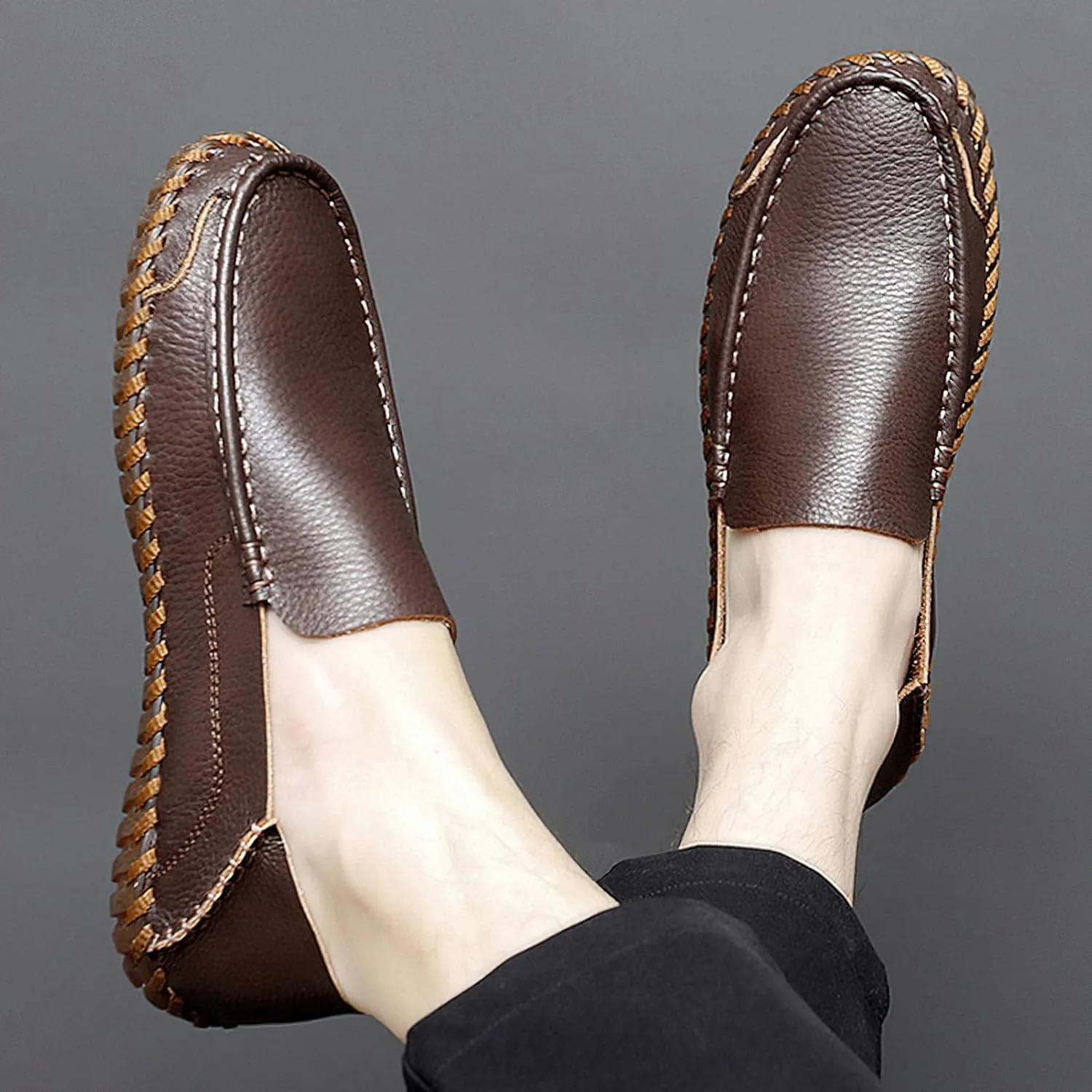 rismart Men Loafers Flats Driving Shoes Leather Casual Slip on Slipper