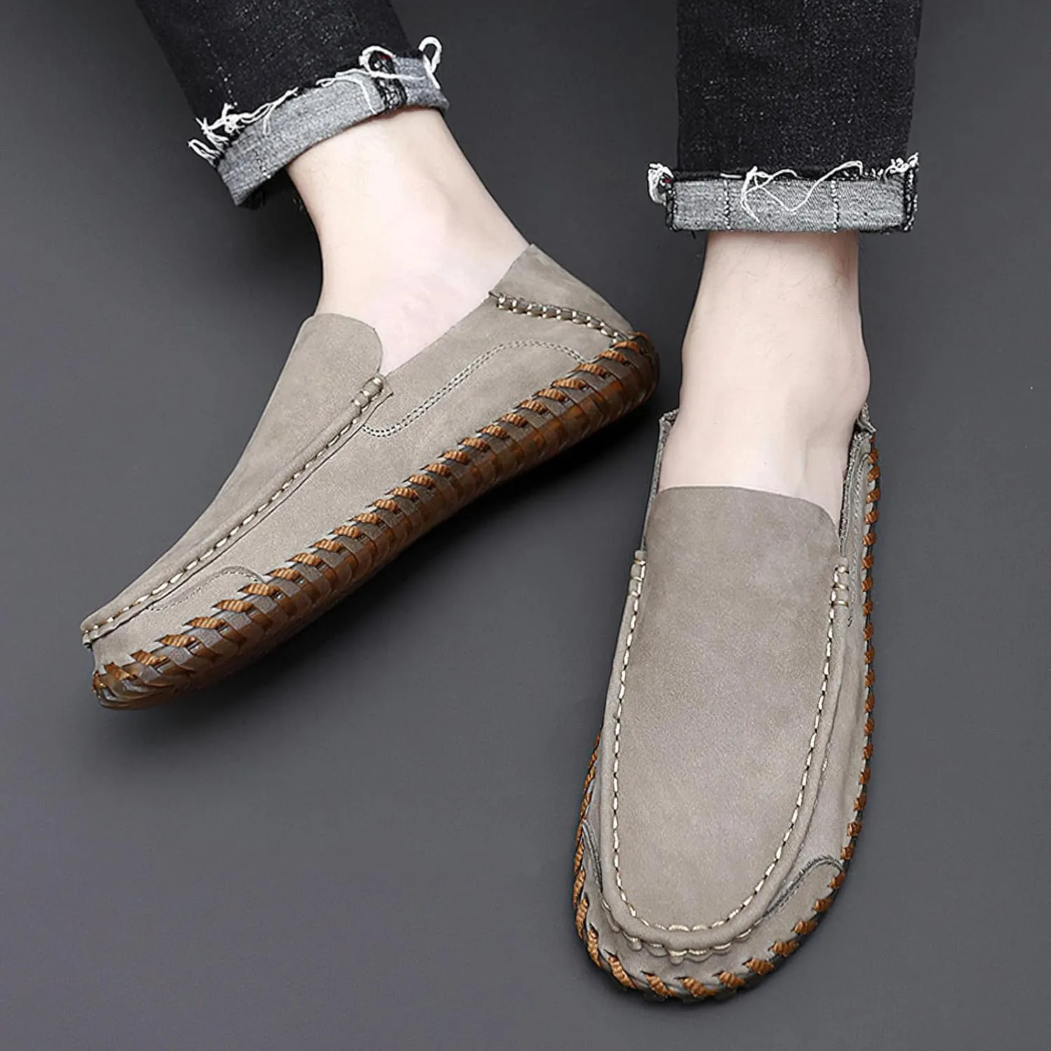 rismart Men Loafers Flats Driving Shoes Leather Casual Slip on Slipper