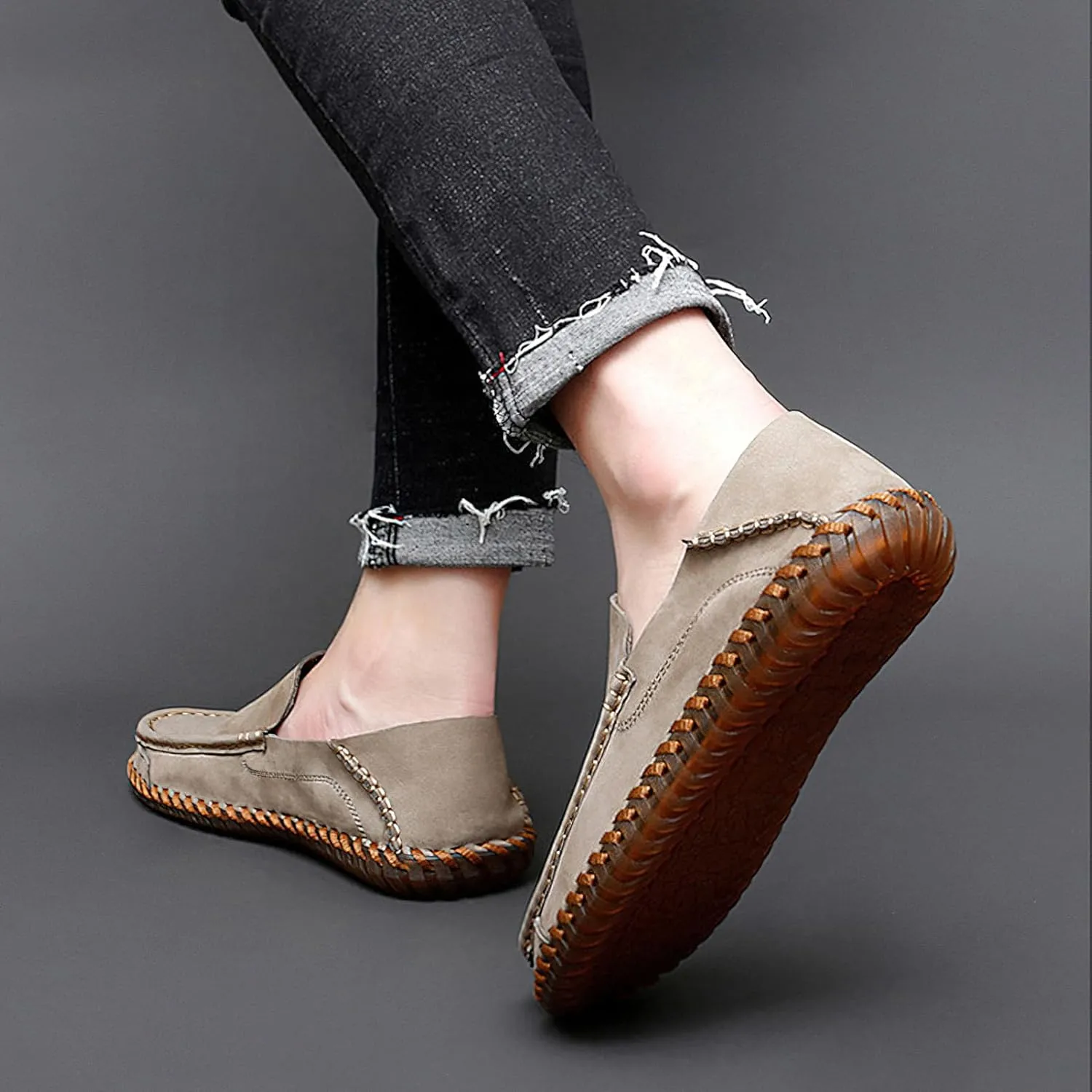 rismart Men Loafers Flats Driving Shoes Leather Casual Slip on Slipper
