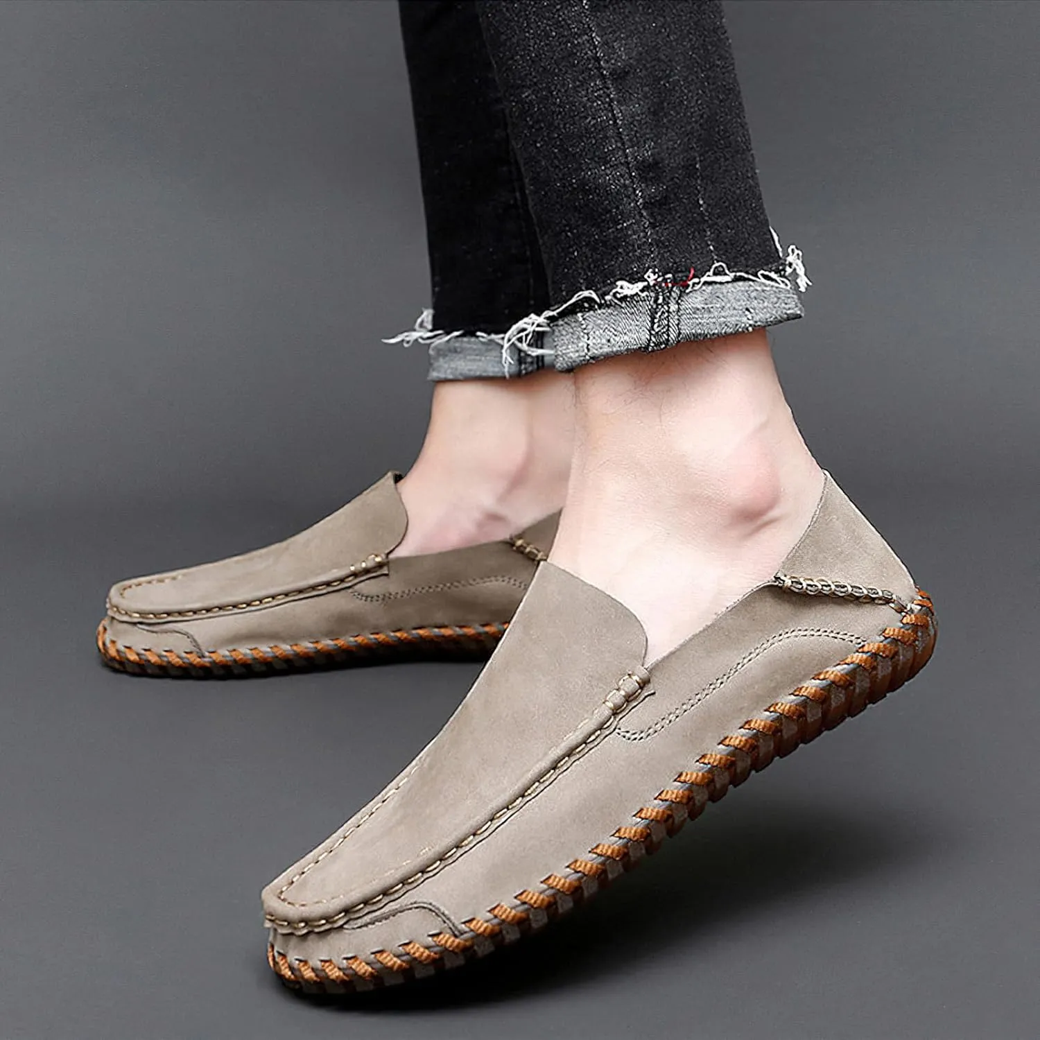 rismart Men Loafers Flats Driving Shoes Leather Casual Slip on Slipper