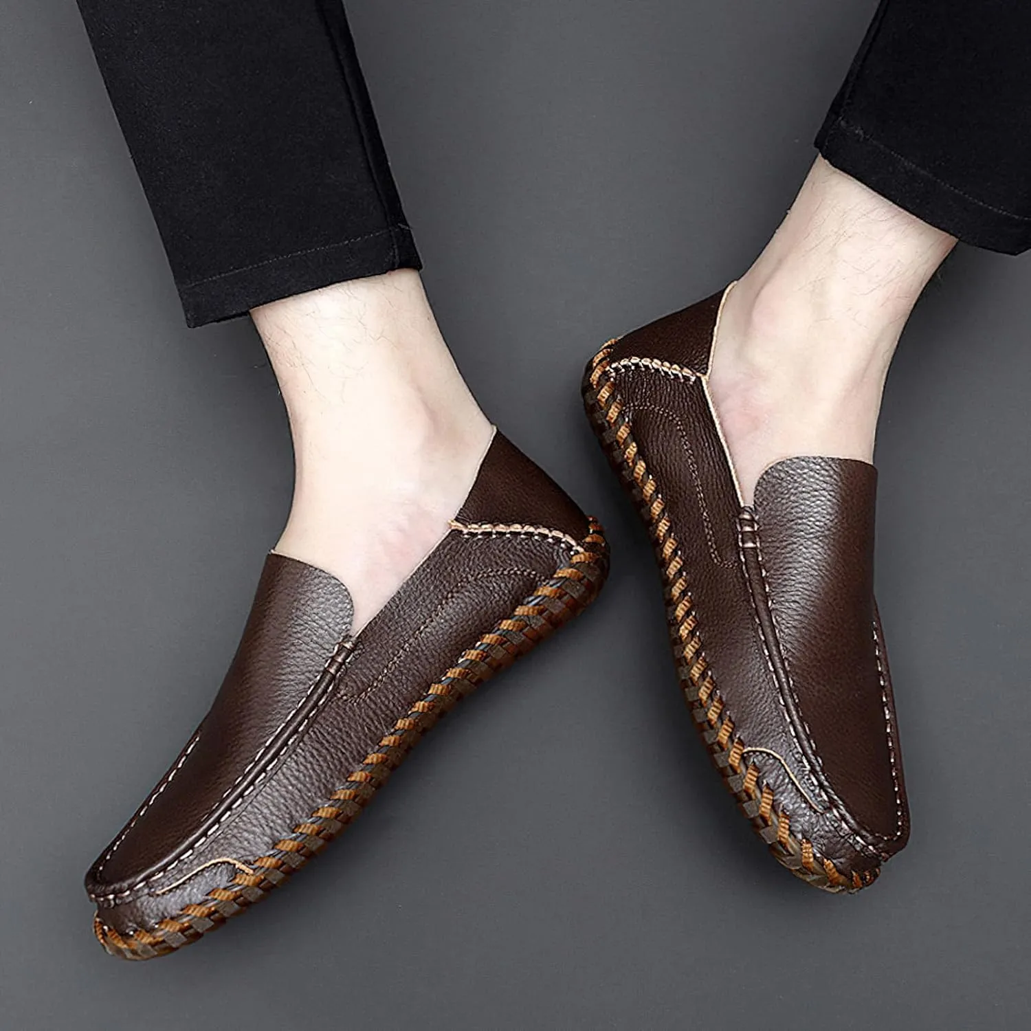 rismart Men Loafers Flats Driving Shoes Leather Casual Slip on Slipper
