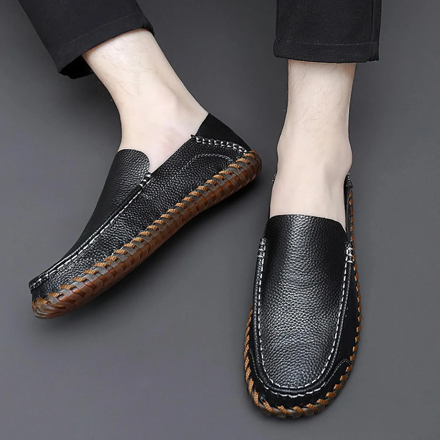 rismart Men Loafers Flats Driving Shoes Leather Casual Slip on Slipper