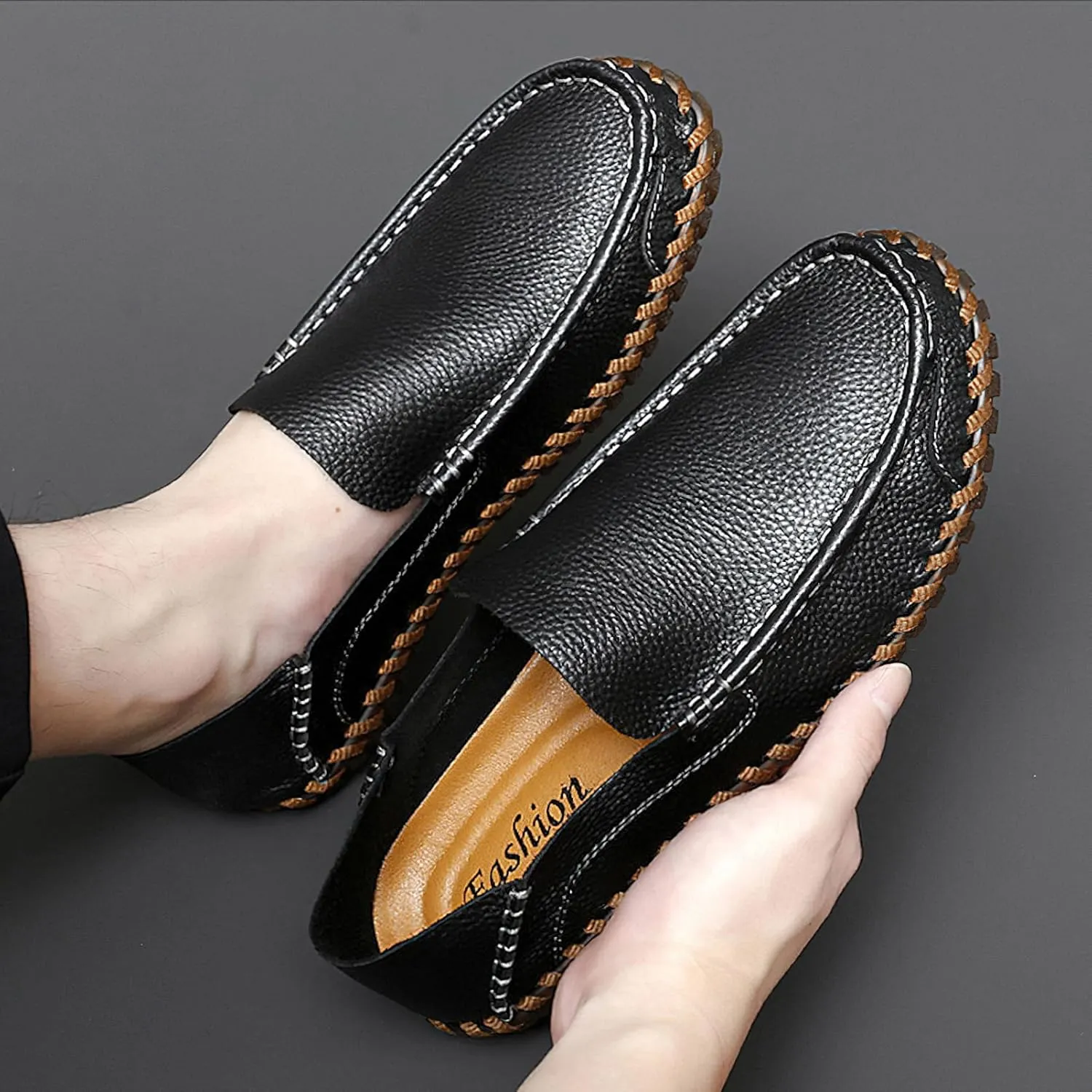 rismart Men Loafers Flats Driving Shoes Leather Casual Slip on Slipper