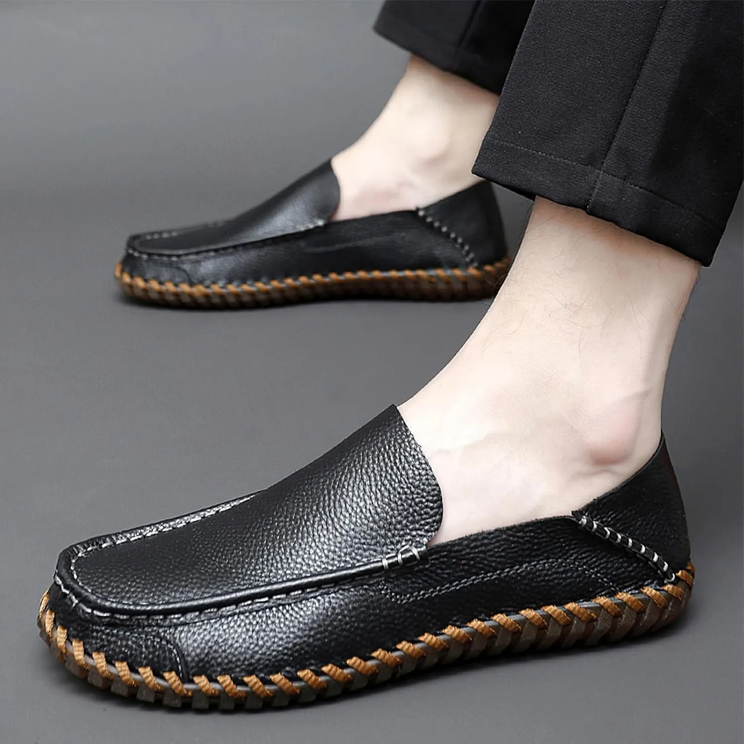 rismart Men Loafers Flats Driving Shoes Leather Casual Slip on Slipper