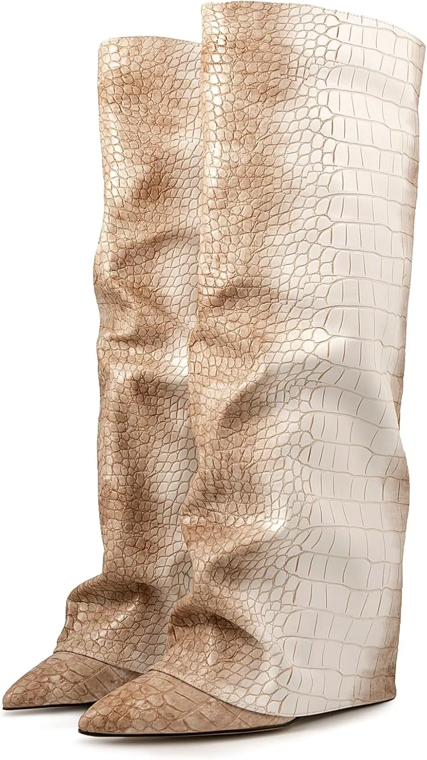 Roimaash Chunky High Heels Fold Over Boots For Women