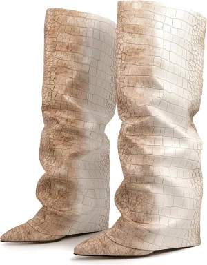 Roimaash Chunky High Heels Fold Over Boots For Women