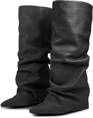 Roimaash Chunky High Heels Fold Over Boots For Women