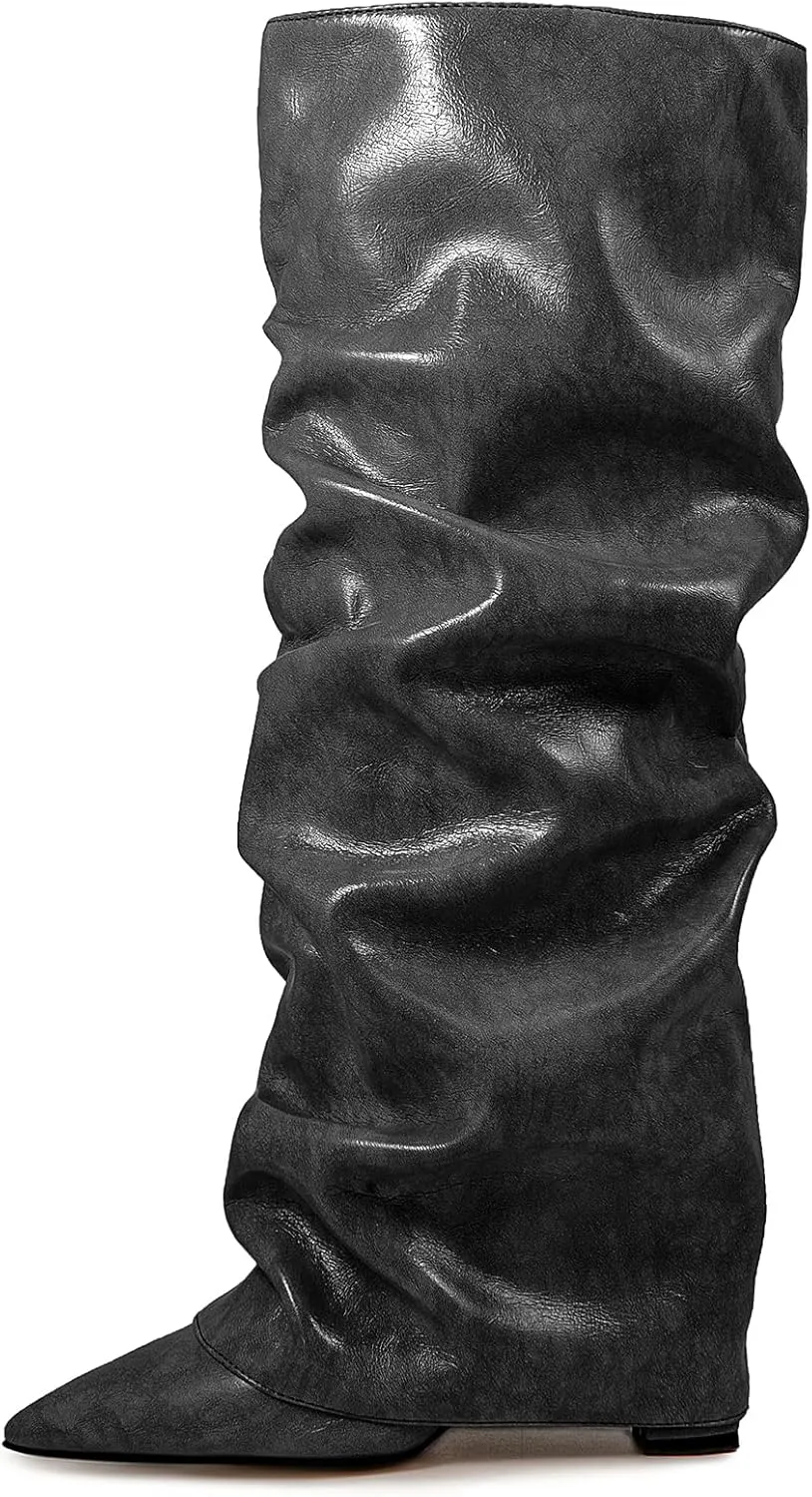 Roimaash Chunky High Heels Fold Over Boots For Women