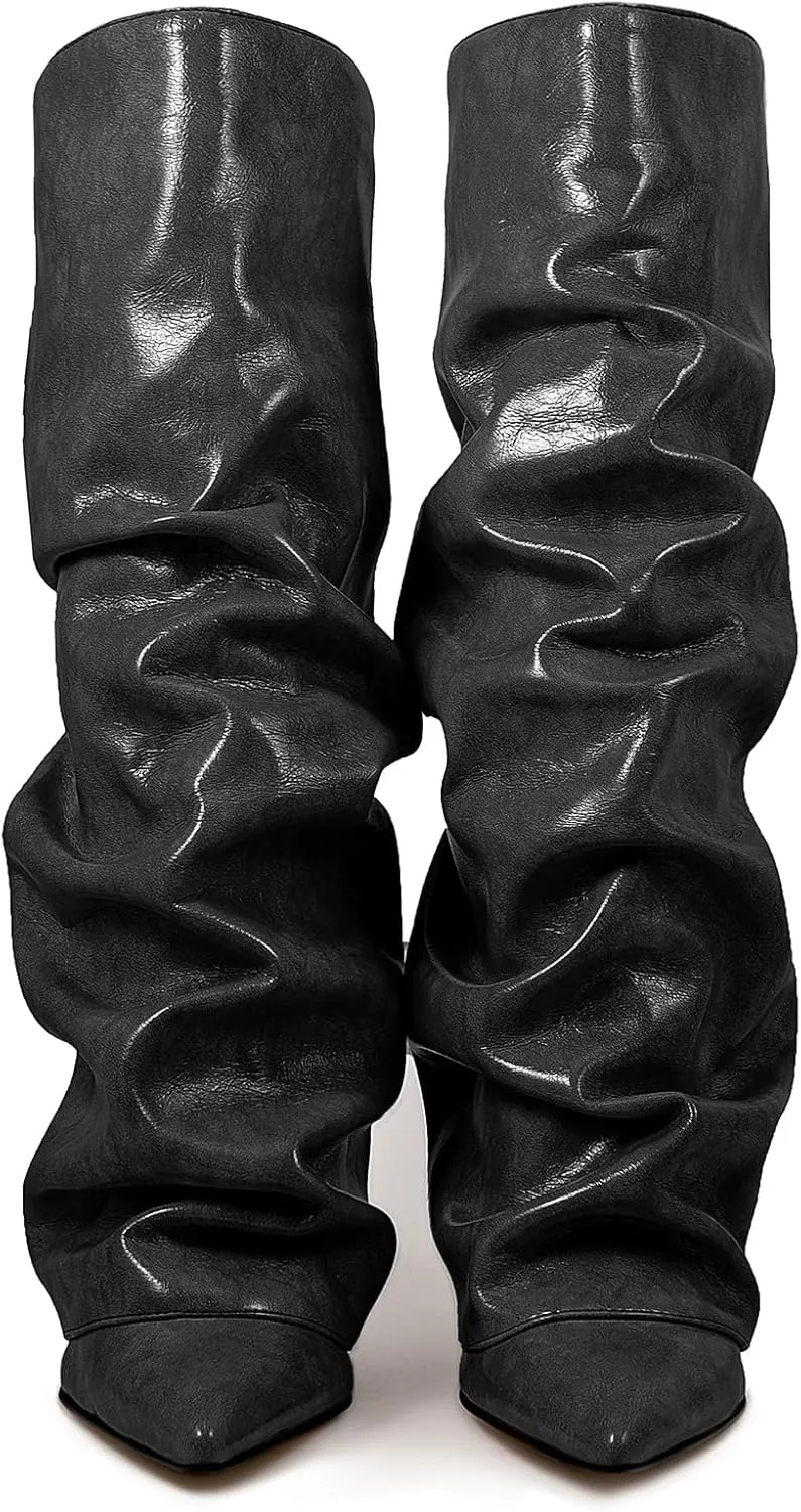 Roimaash Chunky High Heels Fold Over Boots For Women