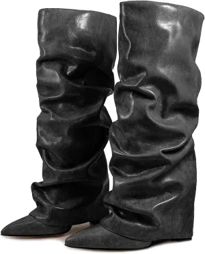 Roimaash Chunky High Heels Fold Over Boots For Women