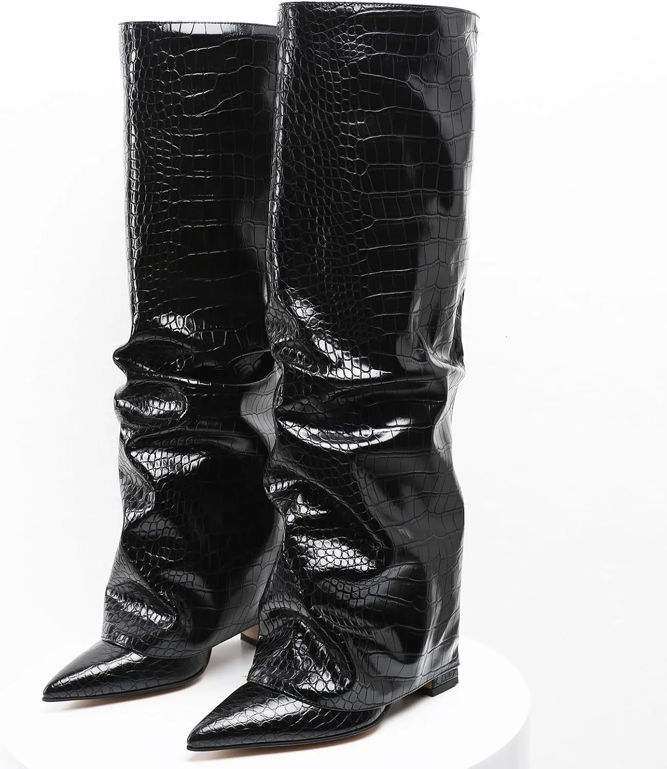 SaraIris Women's Fold Over Boots Shark Boots Slouchy Boots Black Boots Metallic Boots Punk Boots Knee High Boots for Women