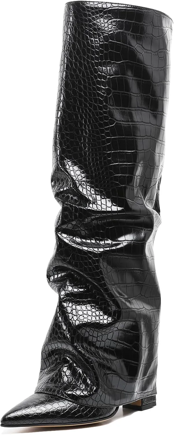 SaraIris Women's Fold Over Boots Shark Boots Slouchy Boots Black Boots Metallic Boots Punk Boots Knee High Boots for Women