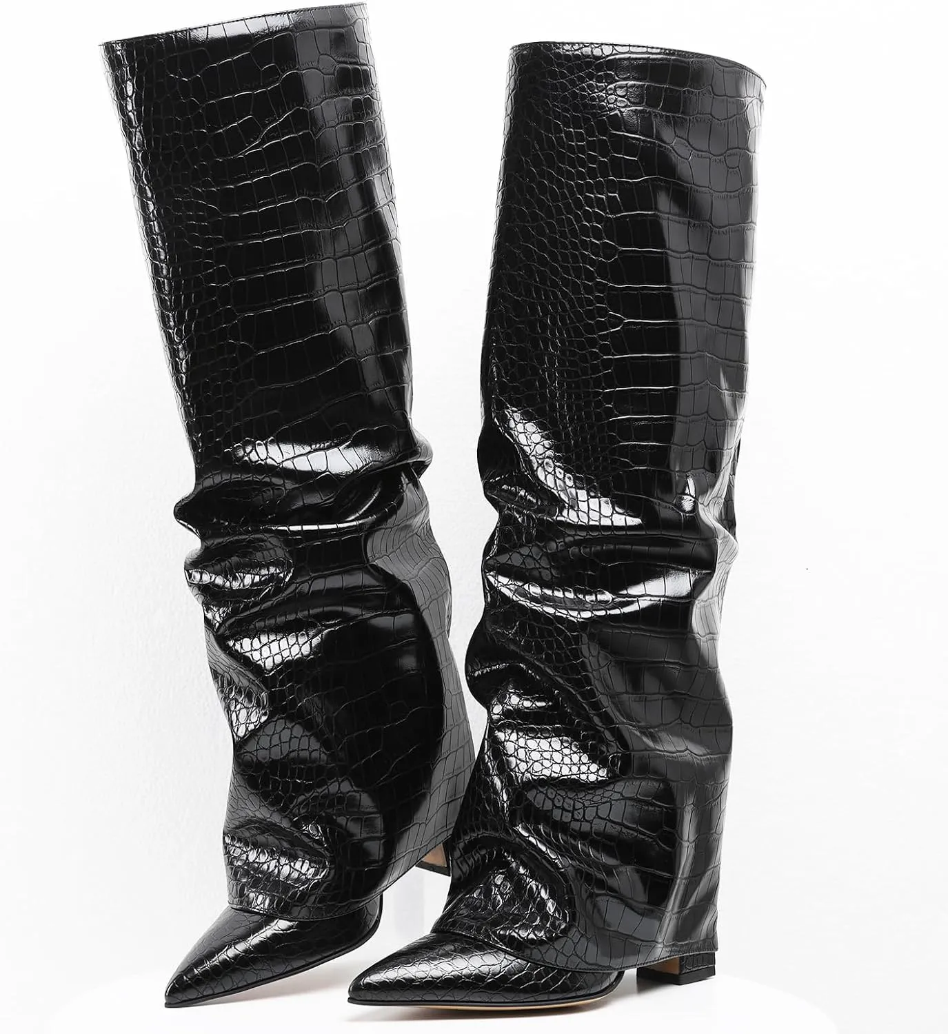 SaraIris Women's Fold Over Boots Shark Boots Slouchy Boots Black Boots Metallic Boots Punk Boots Knee High Boots for Women