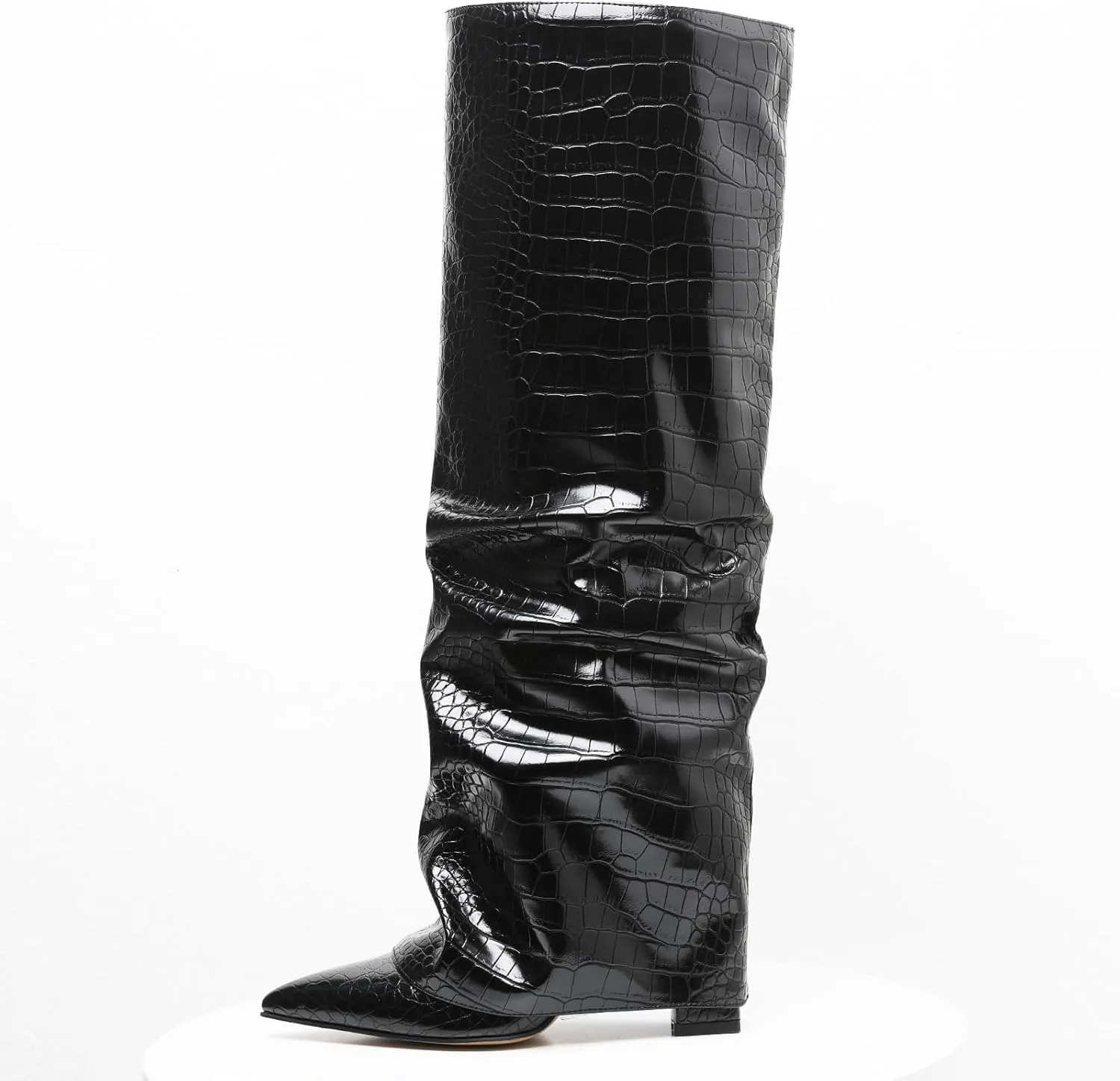 SaraIris Women's Fold Over Boots Shark Boots Slouchy Boots Black Boots Metallic Boots Punk Boots Knee High Boots for Women