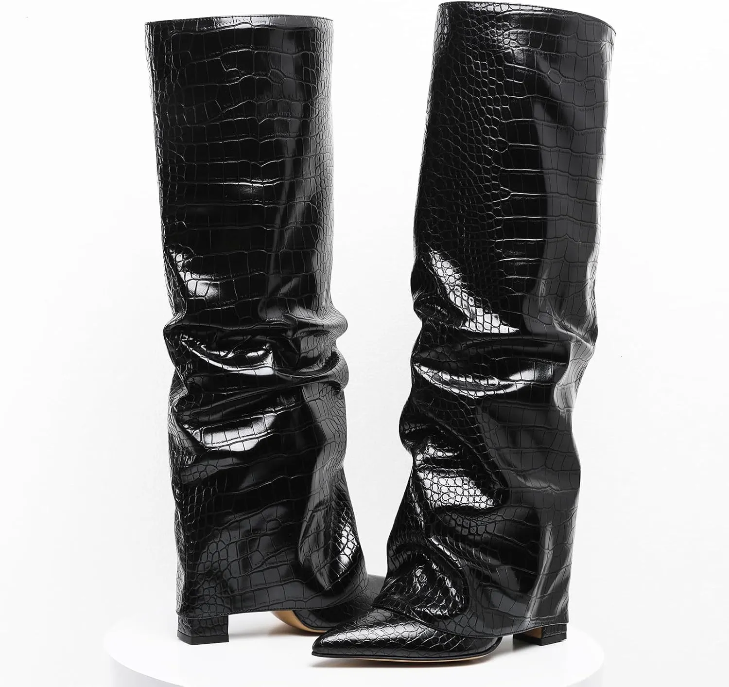 SaraIris Women's Fold Over Boots Shark Boots Slouchy Boots Black Boots Metallic Boots Punk Boots Knee High Boots for Women