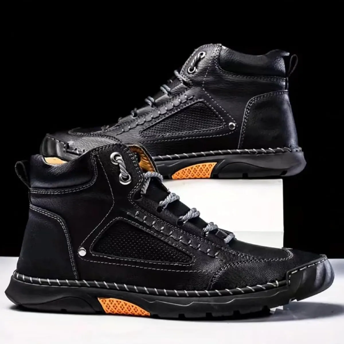 Sawbehind Men's Comfortable Handmade Leather Boots, Men's Casual Leather Handmade Non-Slip Arch Support Sneakers