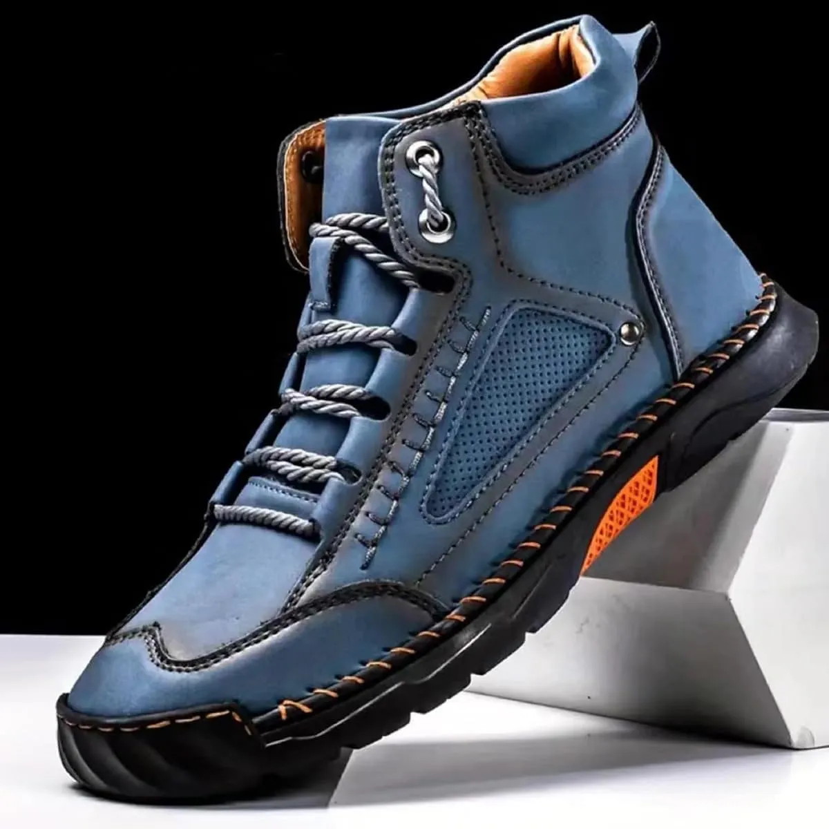 Sawbehind Men's Comfortable Handmade Leather Boots, Men's Casual Leather Handmade Non-Slip Arch Support Sneakers