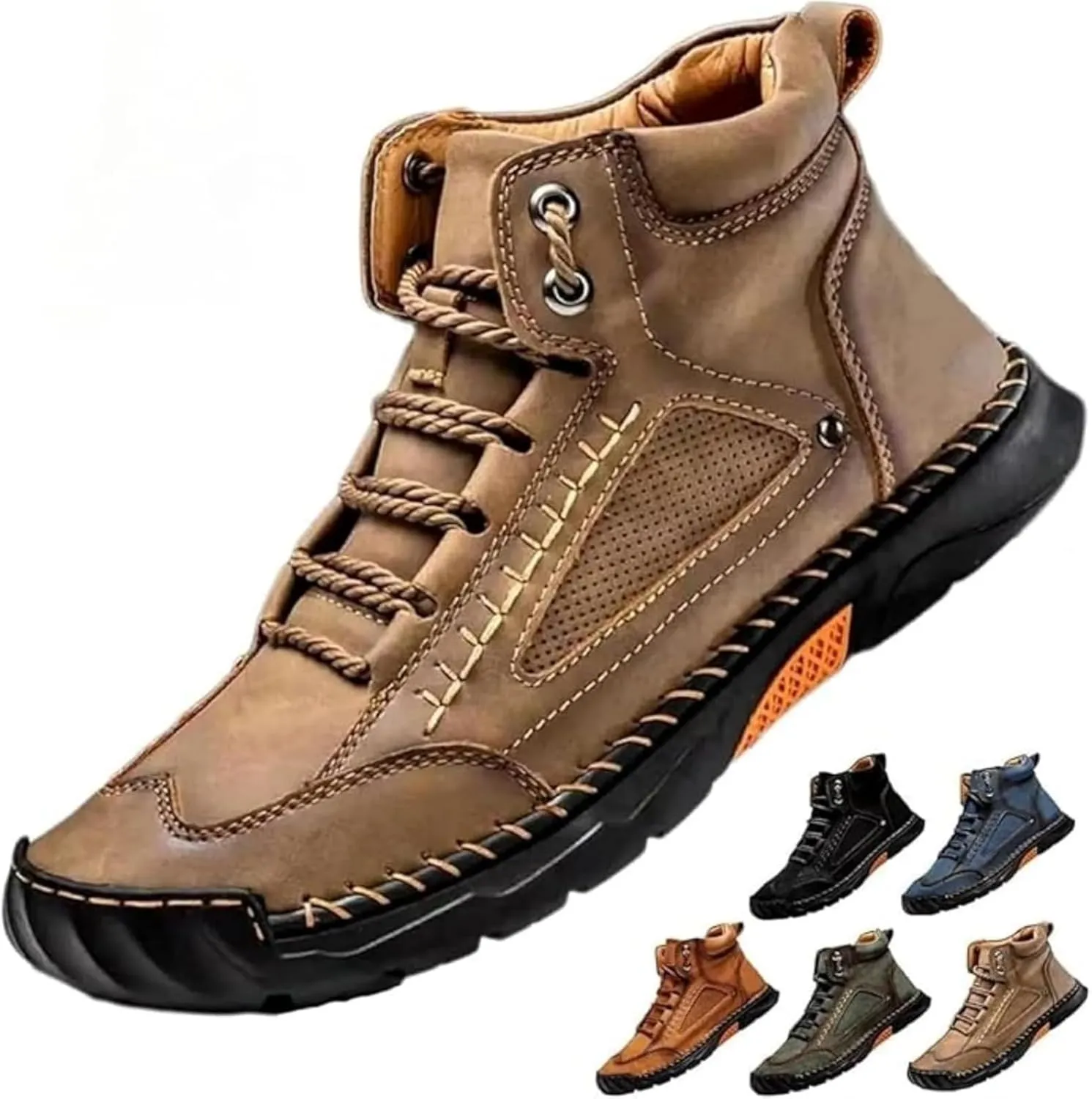Sawbehind Men's Comfortable Handmade Leather Boots, Men's Casual Leather Handmade Non-Slip Arch Support Sneakers