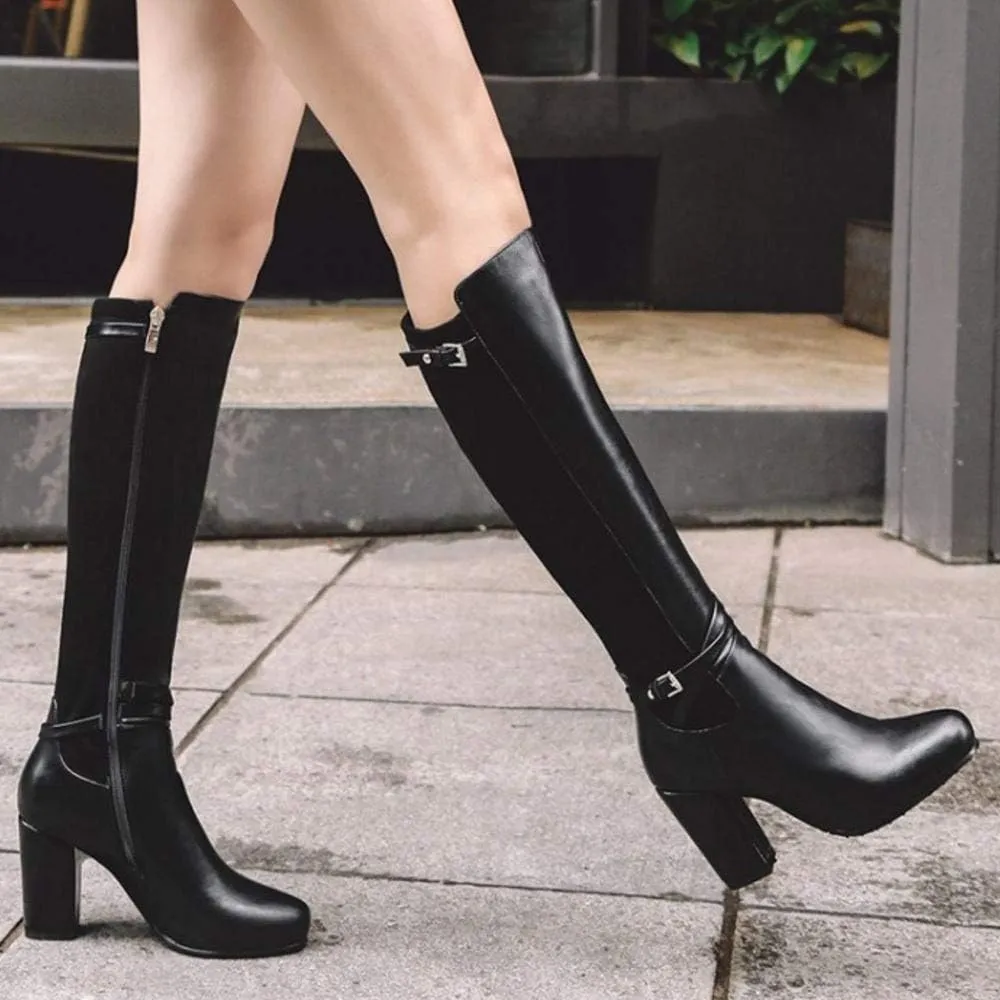 Scaoruki Women Classic Equestrian Boots Zipper Block High Heels