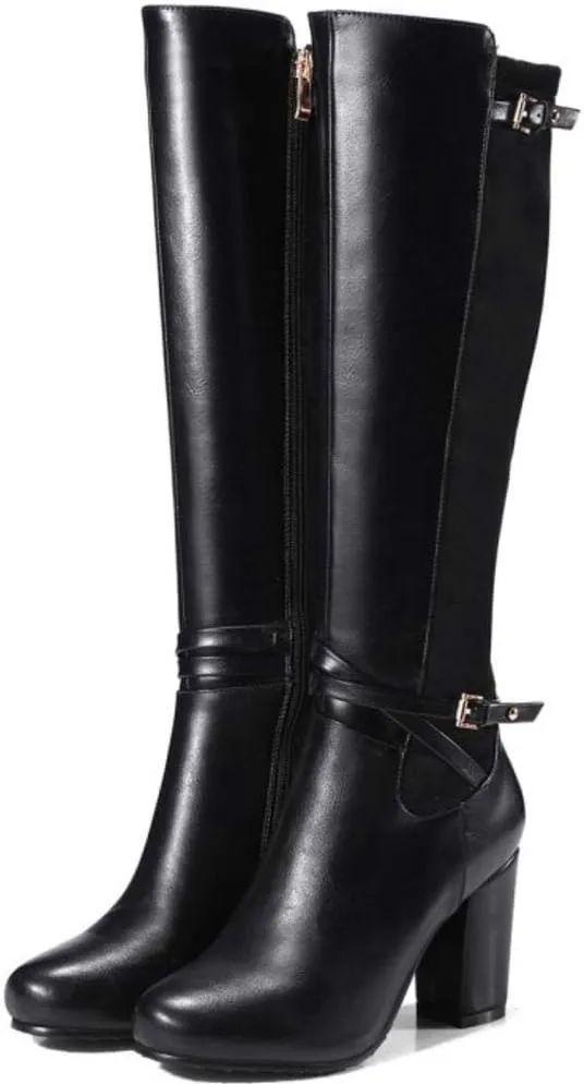 Scaoruki Women Classic Equestrian Boots Zipper Block High Heels