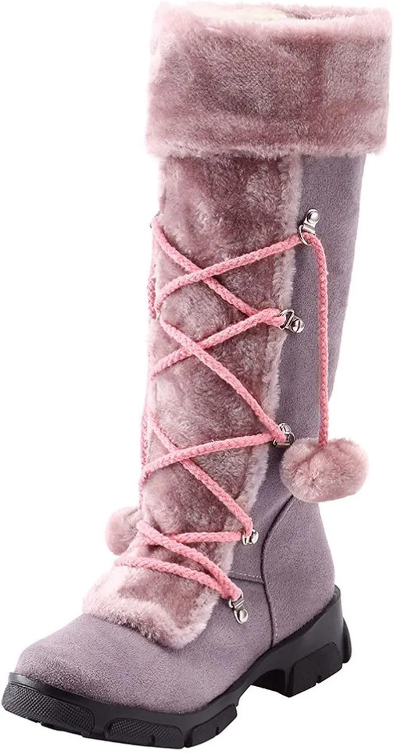Snow Boots for Women Fur Boots for Women Knee High Retro Round Toe Suede Square Heel Warm Zipper Mid Calf Snow Boots