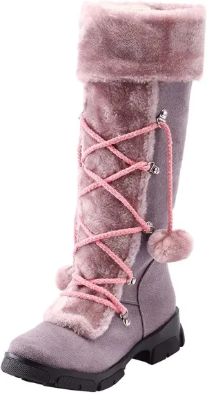 Snow Boots for Women Fur Boots for Women Knee High Retro Round Toe Suede Square Heel Warm Zipper Mid Calf Snow Boots