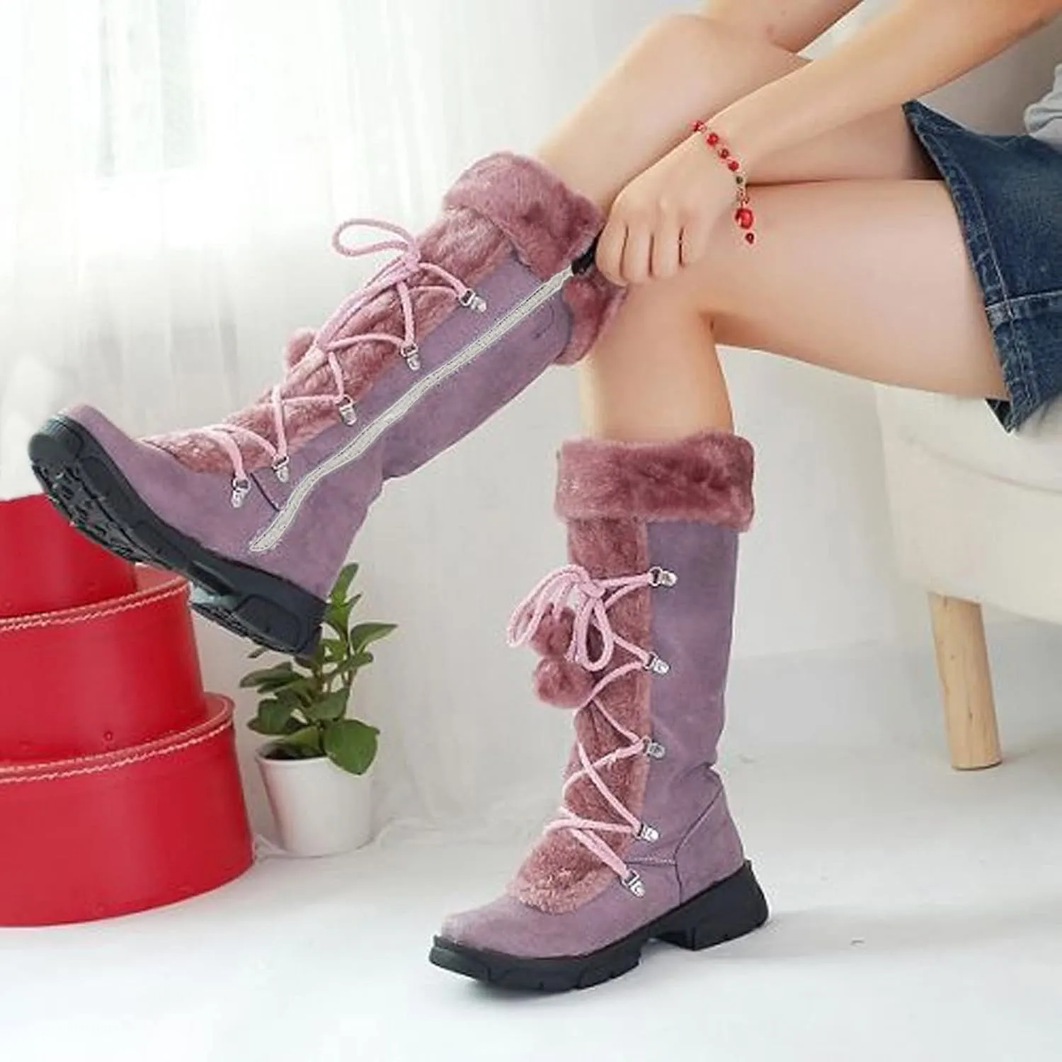 Snow Boots for Women Fur Boots for Women Knee High Retro Round Toe Suede Square Heel Warm Zipper Mid Calf Snow Boots